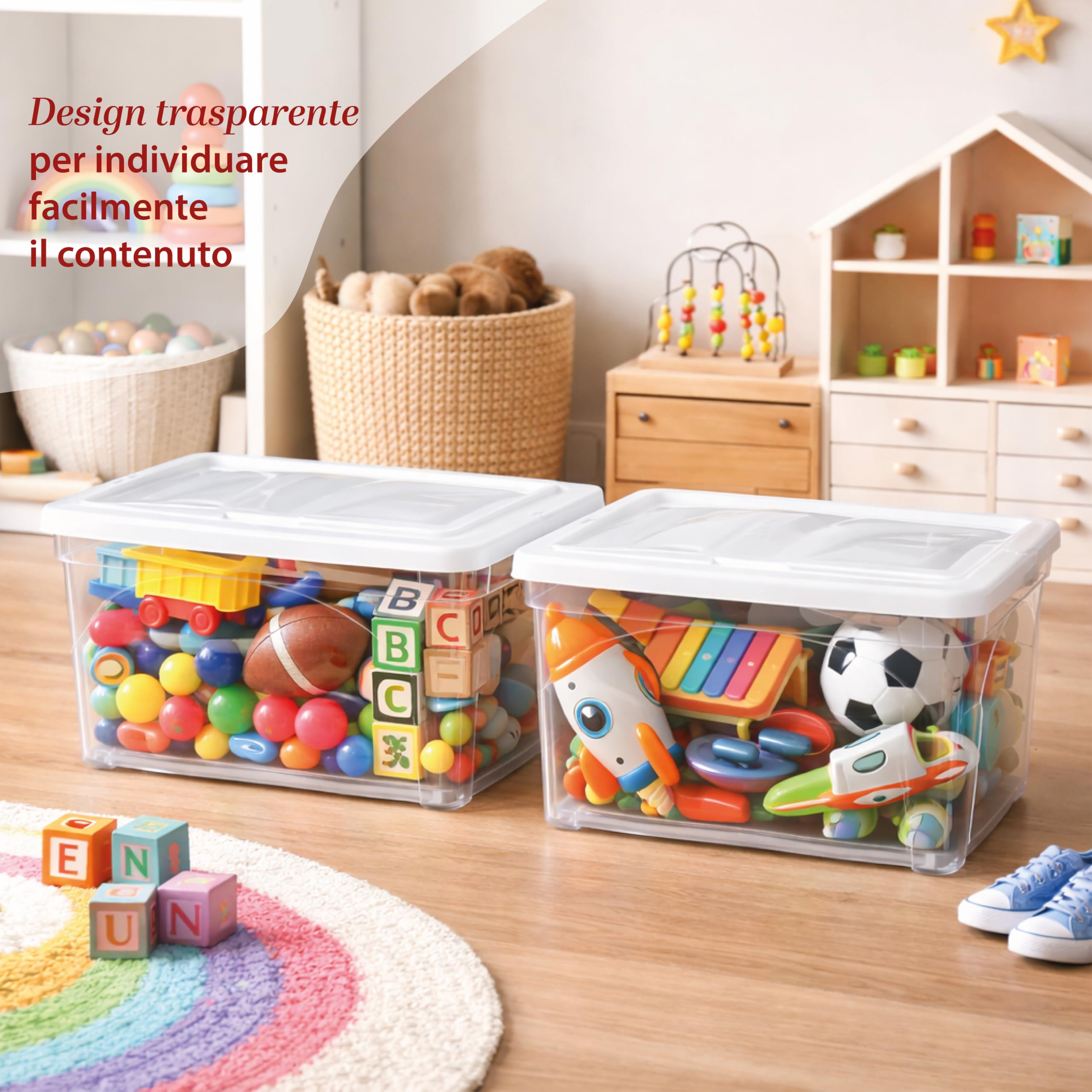 Set 3PZ Contenitore in Plastica Resistente - Trasparente, con Coperchio Bianco, per Vestiti, Portaoggetti, Adatto per Armadi, Garage, Organizer, con Maniglia, Ruote - (60X40X28h CM)