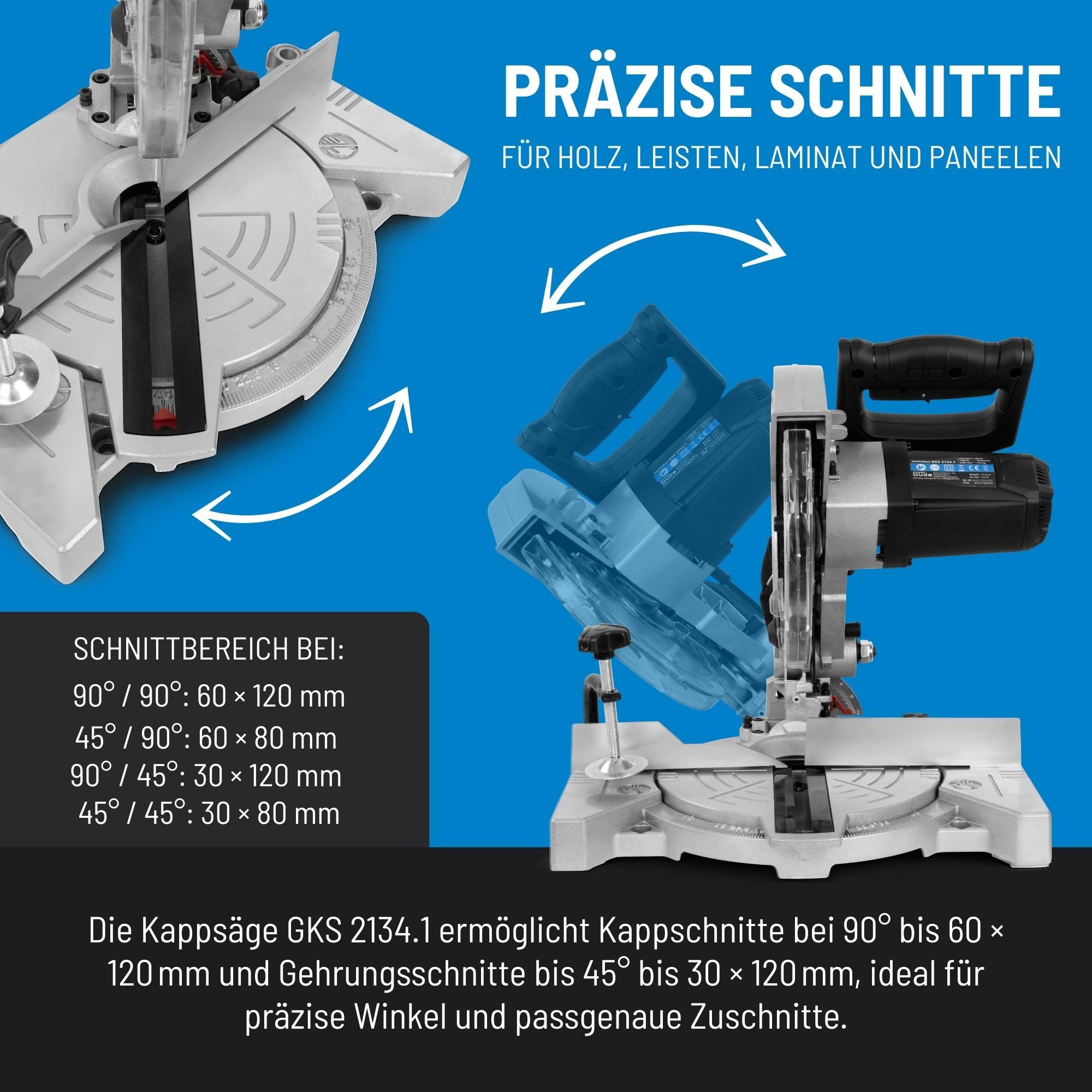 Güde Piła ukośna GKS 2134.1 (230 V, 1100 W, prędkość obrotowa silnika 5500 1/min, średnica brzeszczotu 210 mm, głowica obracana do 45°, zakres cięcia (przy 90°/90°) 60 x 120 mm, skala stopni, w