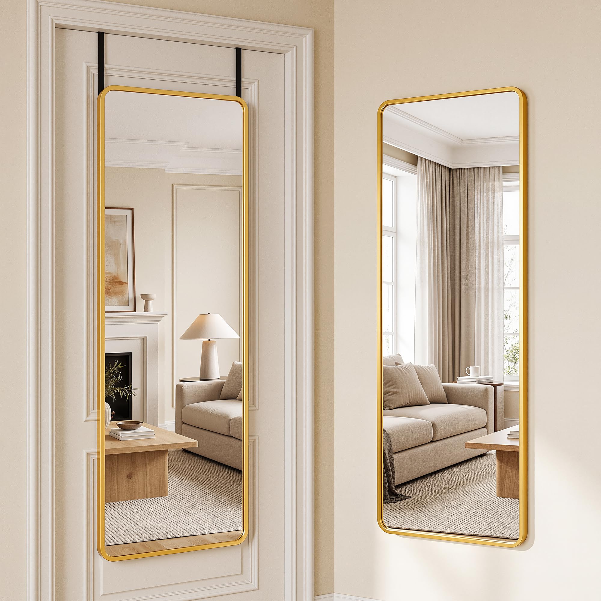 Suidia Full Length Mirror Over the Door&amp;Wall Mounted, 48"x14" Door Mirror with Aluminum Alloy Frame, HD Shatterproof, No-Drill, Hanging Mirrors for Bedroom, Bathroom, Dorm, Closet, Rounded Rect, Gold