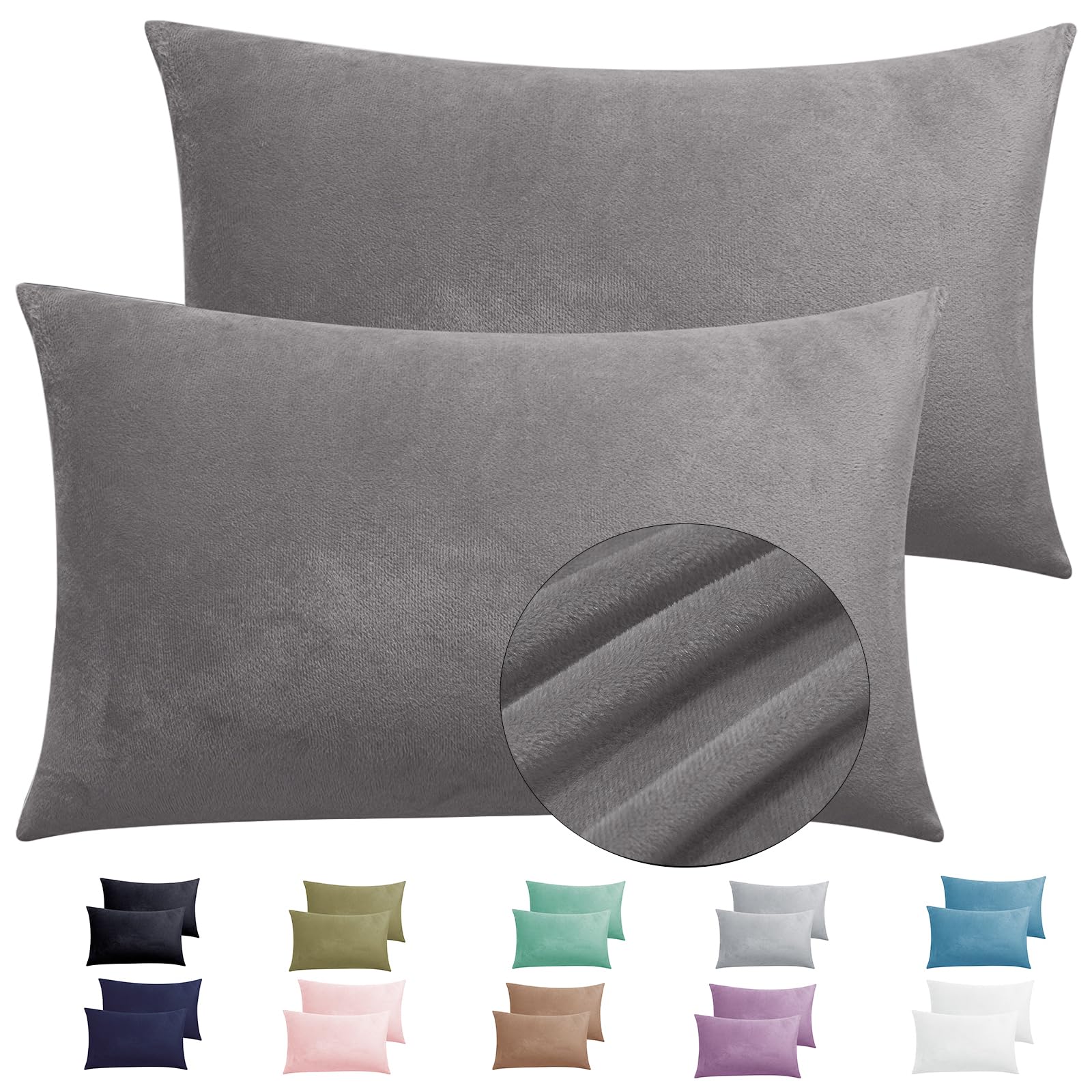 Photo 1 of 2 Pack Zippered Velvet Queen Pillowcases, Super Soft and Cozy Luxury Fuzzy Flannel Pillow Cases with Zipper, 20x30 Inches, Dark Grey