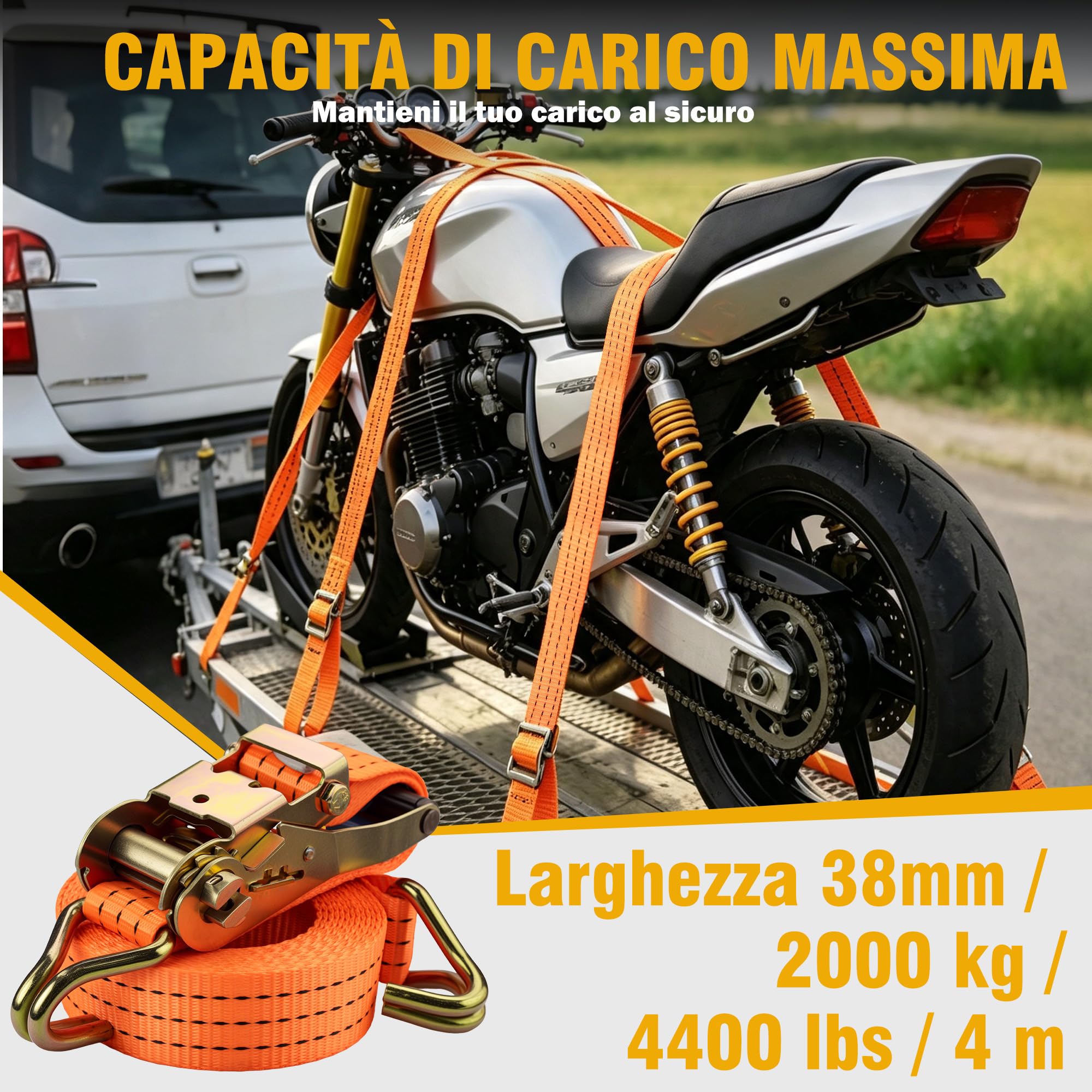 4 Pezzi Cinghie a Cricchetto,Resistenti per Carico 2000 kg,Set di Cinghie di Fissaggio da 4m x 38mm,Cinghie Fissaggio con Cricchetto,per il Fissaggio di Camion e il Raggruppamento di Merci