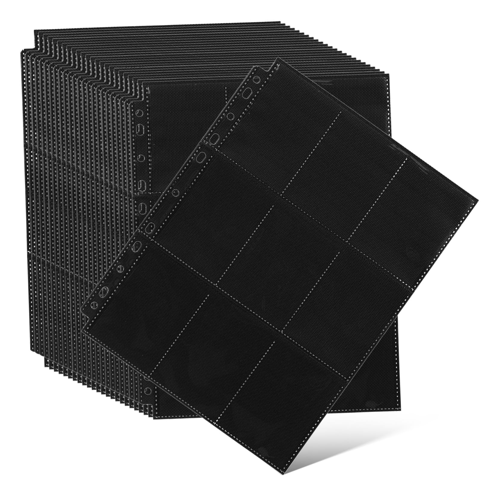 Fogli Raccoglitore per Carte a 11 Fori 50 Fogli in Pp Nero | 9 Tasche per Lato Singolo, 18 Totali su Entrambi i Lati, Formato Compatto Portatile