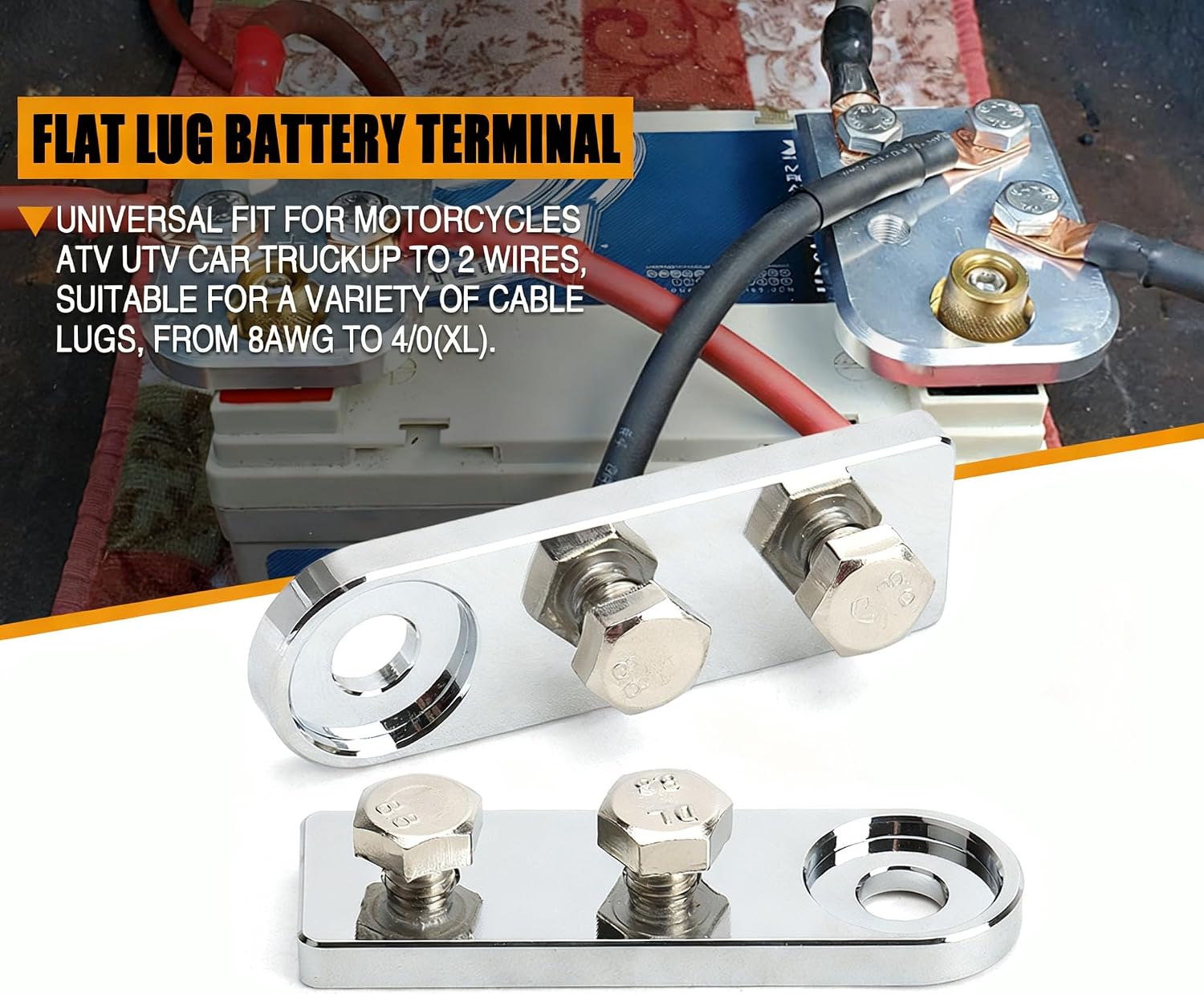 1 Pair 2-Cell Flat Ear Battery Terminals, Heavy Duty Copper Alloy Battery Connectors with Bolts, Corrosion Resistant Battery Cable Ends for 2-Cell Batteries, Easy Installation, Pack of 2