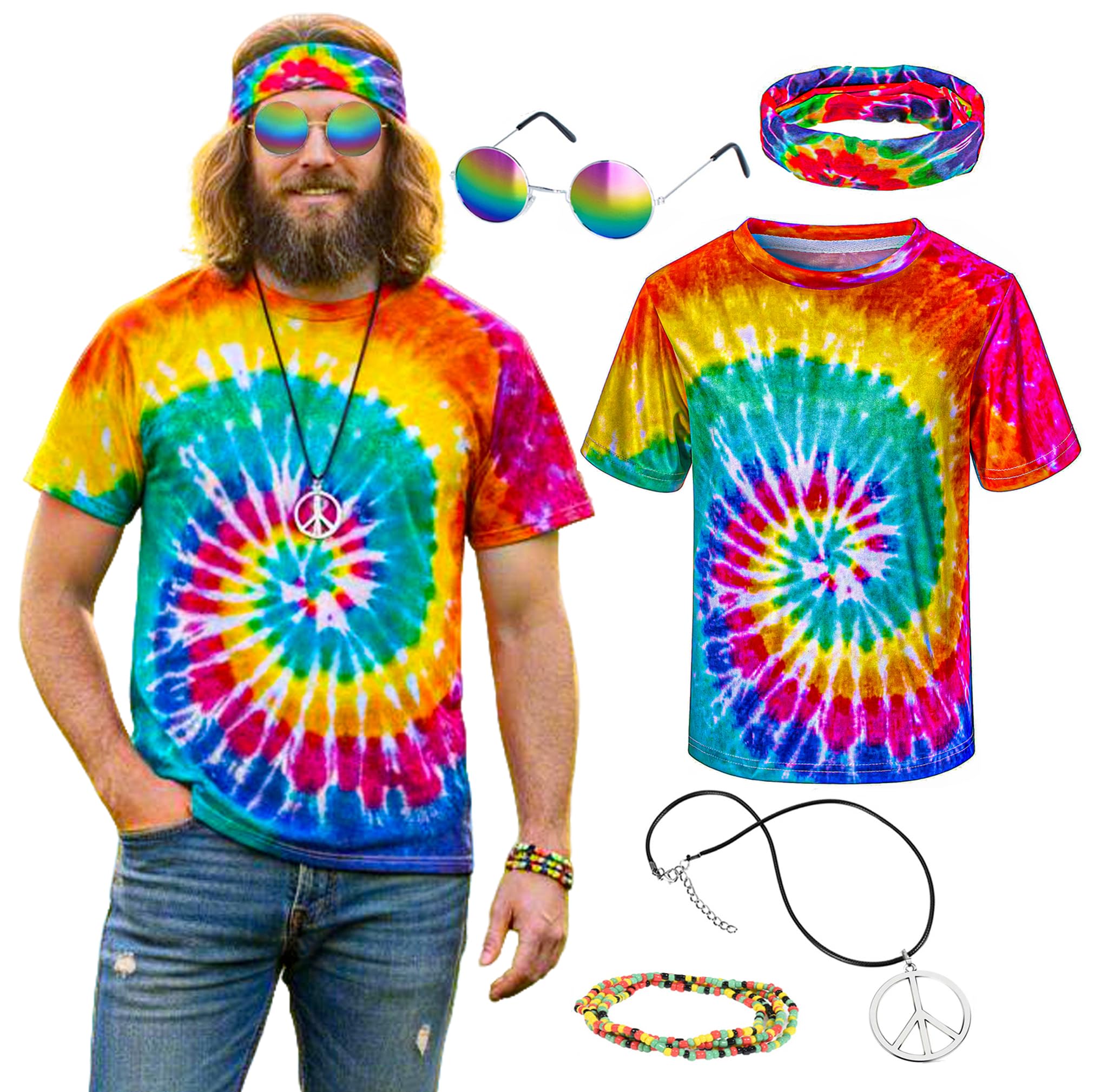 Hippie Costume for Men Momen 60s 70s Colorful T-Shirt 5 PCS Accessories Set for Theme Party, Multicolor, Large