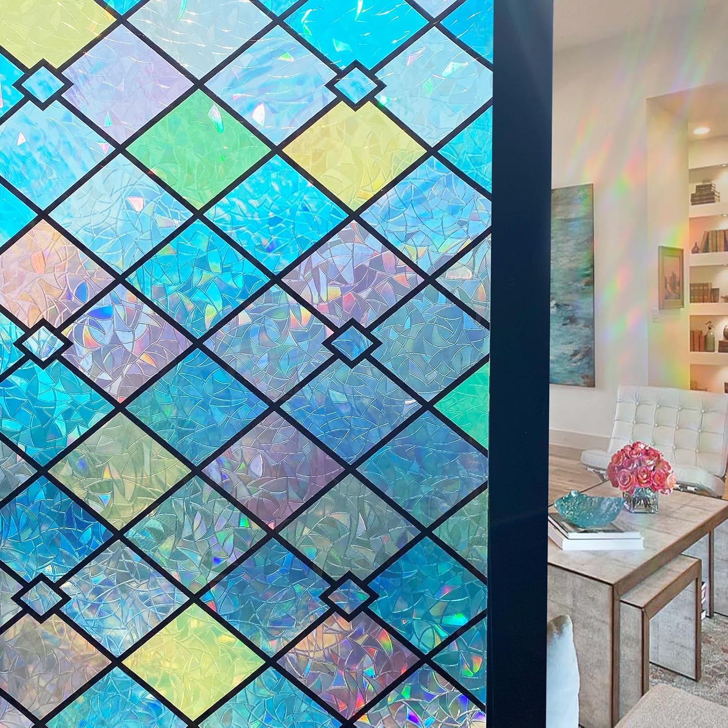 Jahoot Stained Glass Window Film, Window Cling Privacy Film, Colorful Lattice Window Tint Decorative Rainbow Glass Decals Stickers Sun Catchers for Home Anti UV Heat Block 35.4 x 157.4 inches