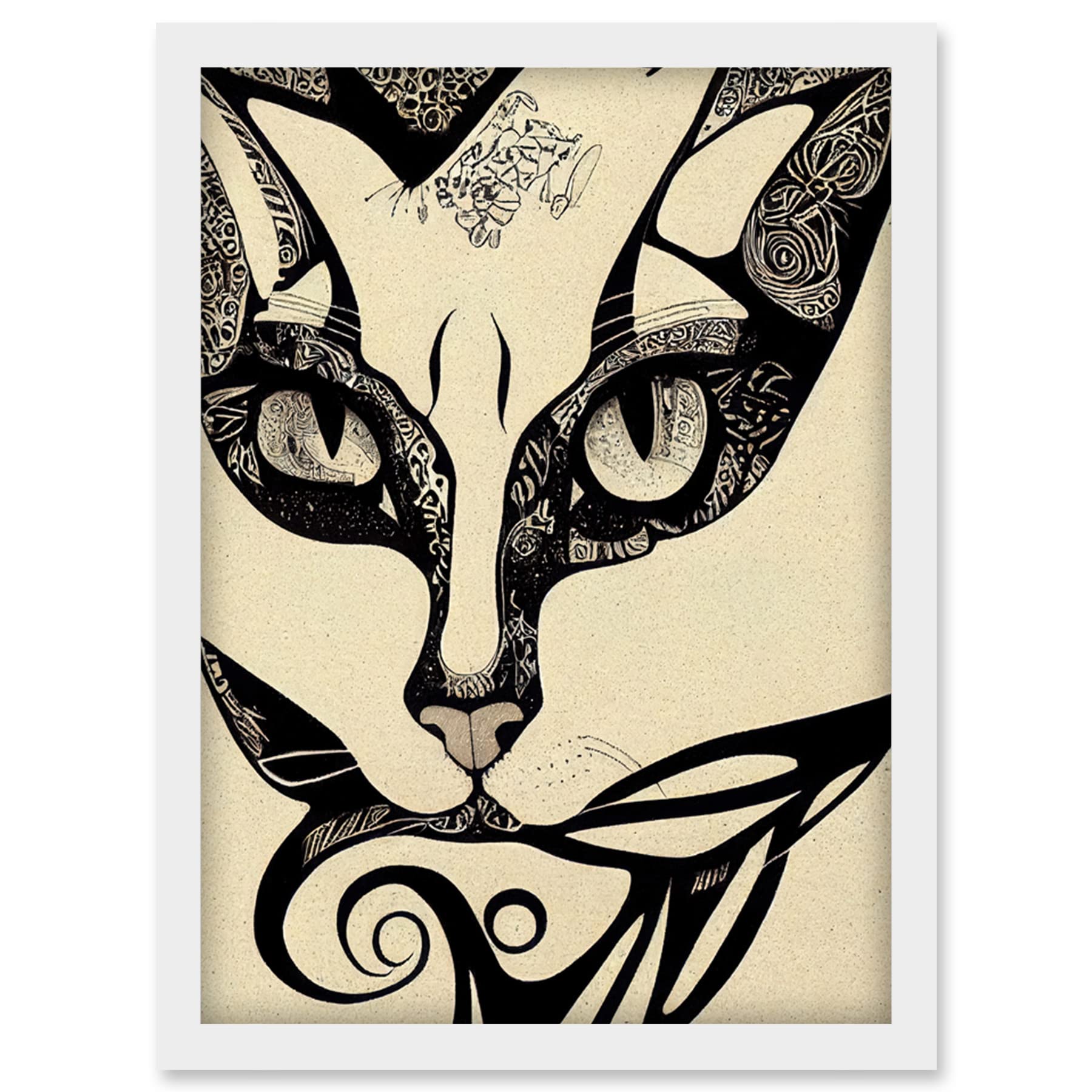 Doppelganger33 LTD Abstract Boho Portrait Cat Sketch Cat Tribal Intricate Artwork Framed Wall Art Print A4
