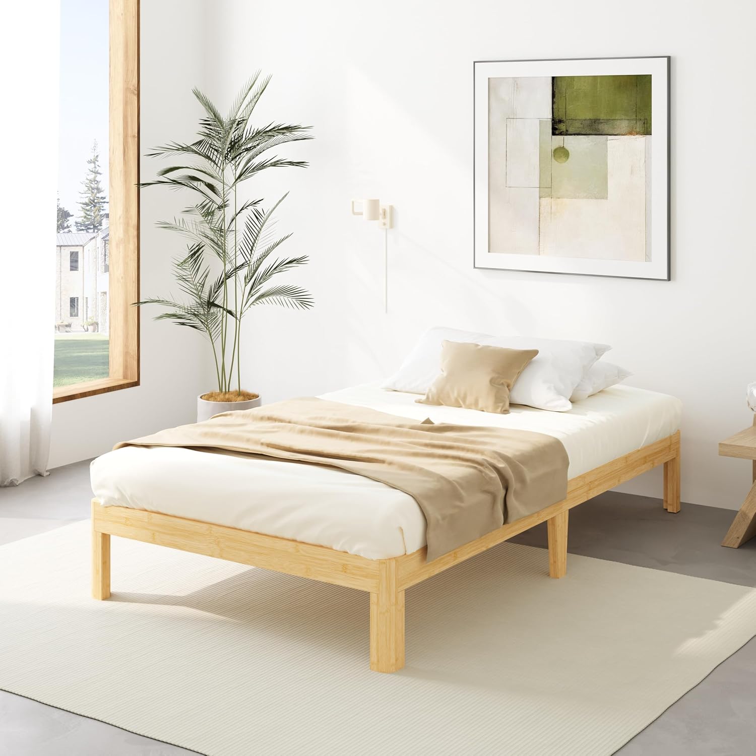 14 Inch Twin Bamboo Wood Bed Frame - Zero Formaldehyde, Eco-Friendly & Odorless, 100% Noise-Free, No Box Spring Needed, 25 Mins Tool-Free Assembly, 1000Lbs Sturdy for Bedroom/Kids Room/Small Space