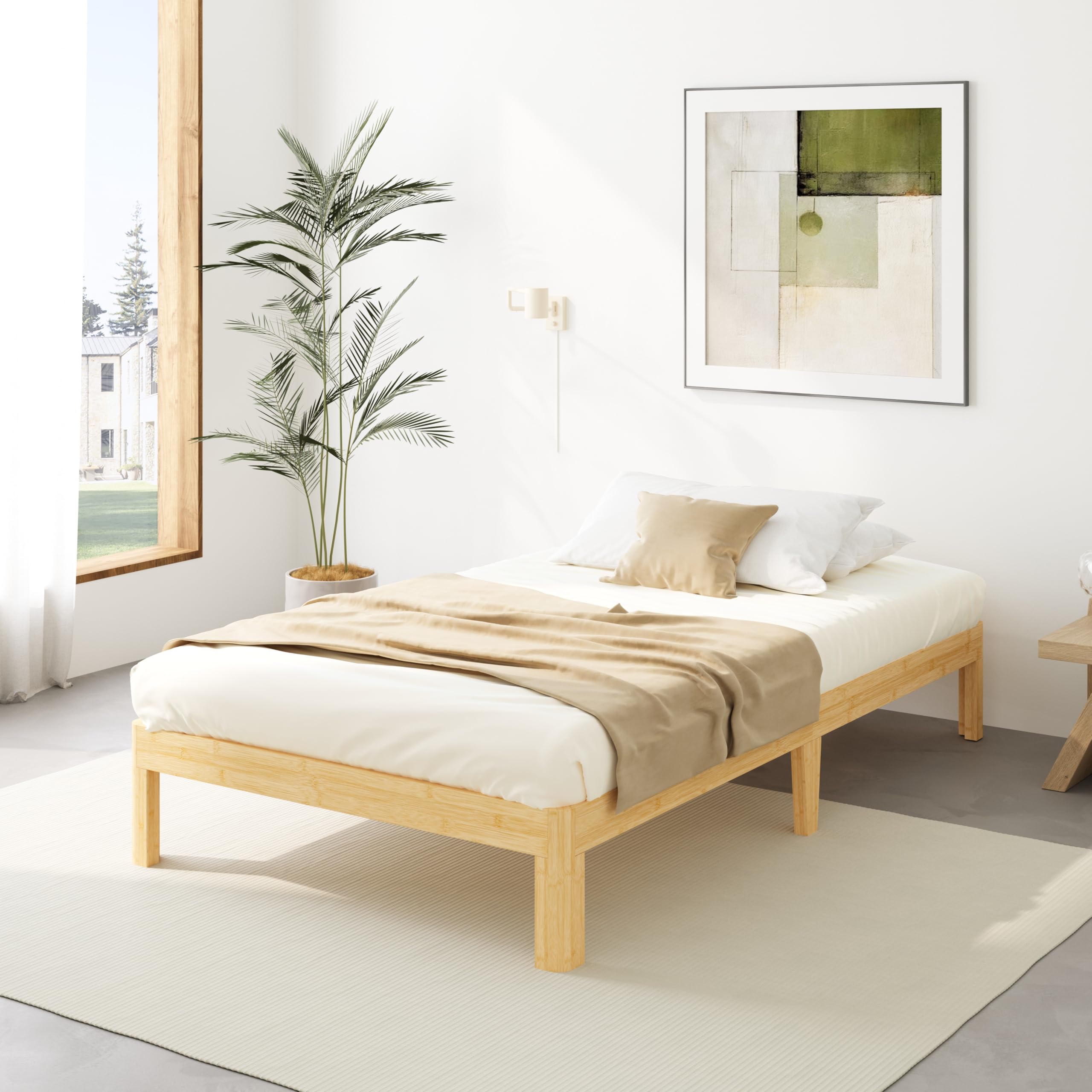 14 Inch Twin XL Bamboo Wood Bed Frame - Zero Formaldehyde, Eco-Friendly & Odorless, 100% Noise-Free, No Box Spring Needed, 25 Mins Tool-Free Assembly, 1000Lbs Sturdy for Bedroom/Kids Room/Small Space