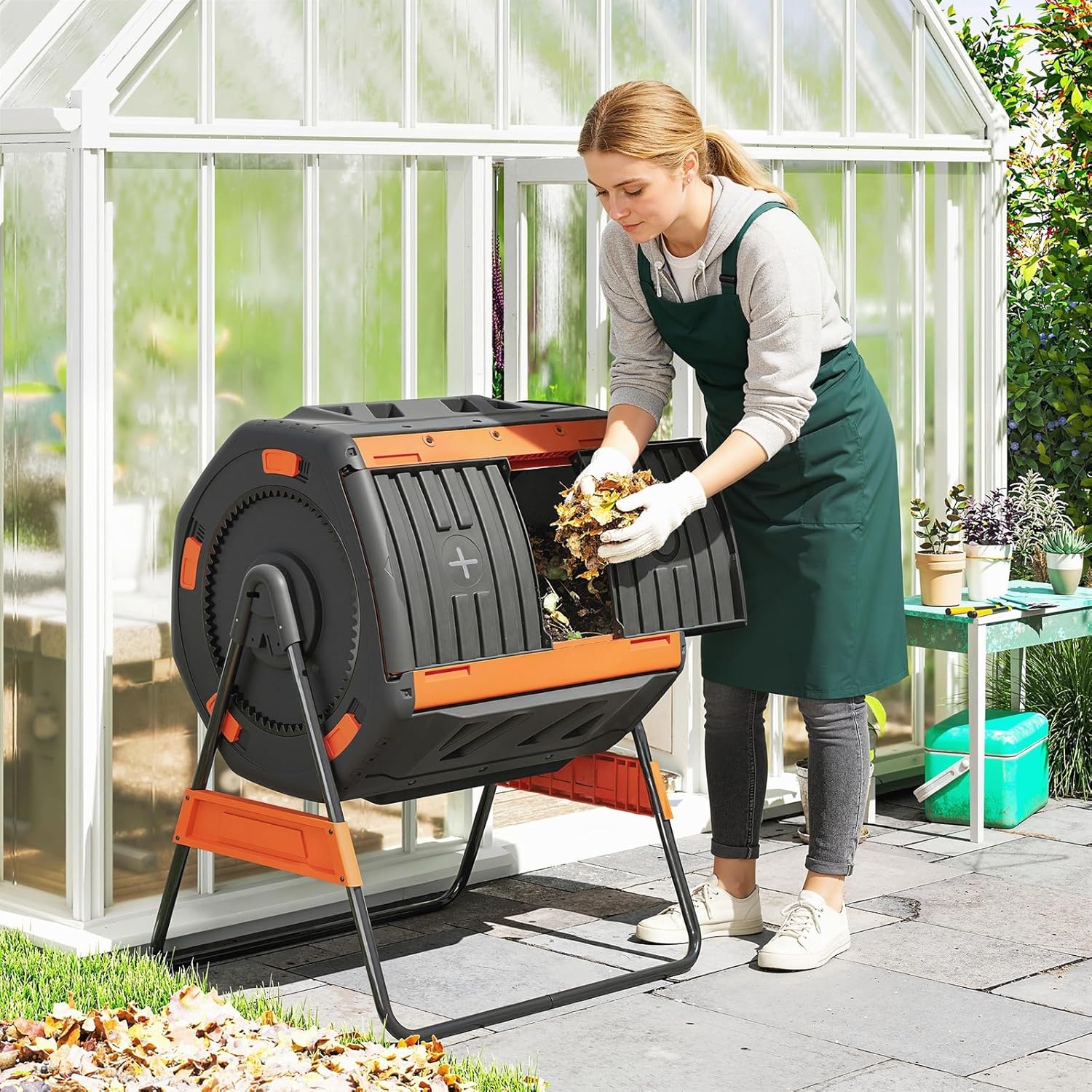Orange Compost Bin Outdoor, 53 Gal Dual Chamber Tumbling Compost, Reinforced Metal Base