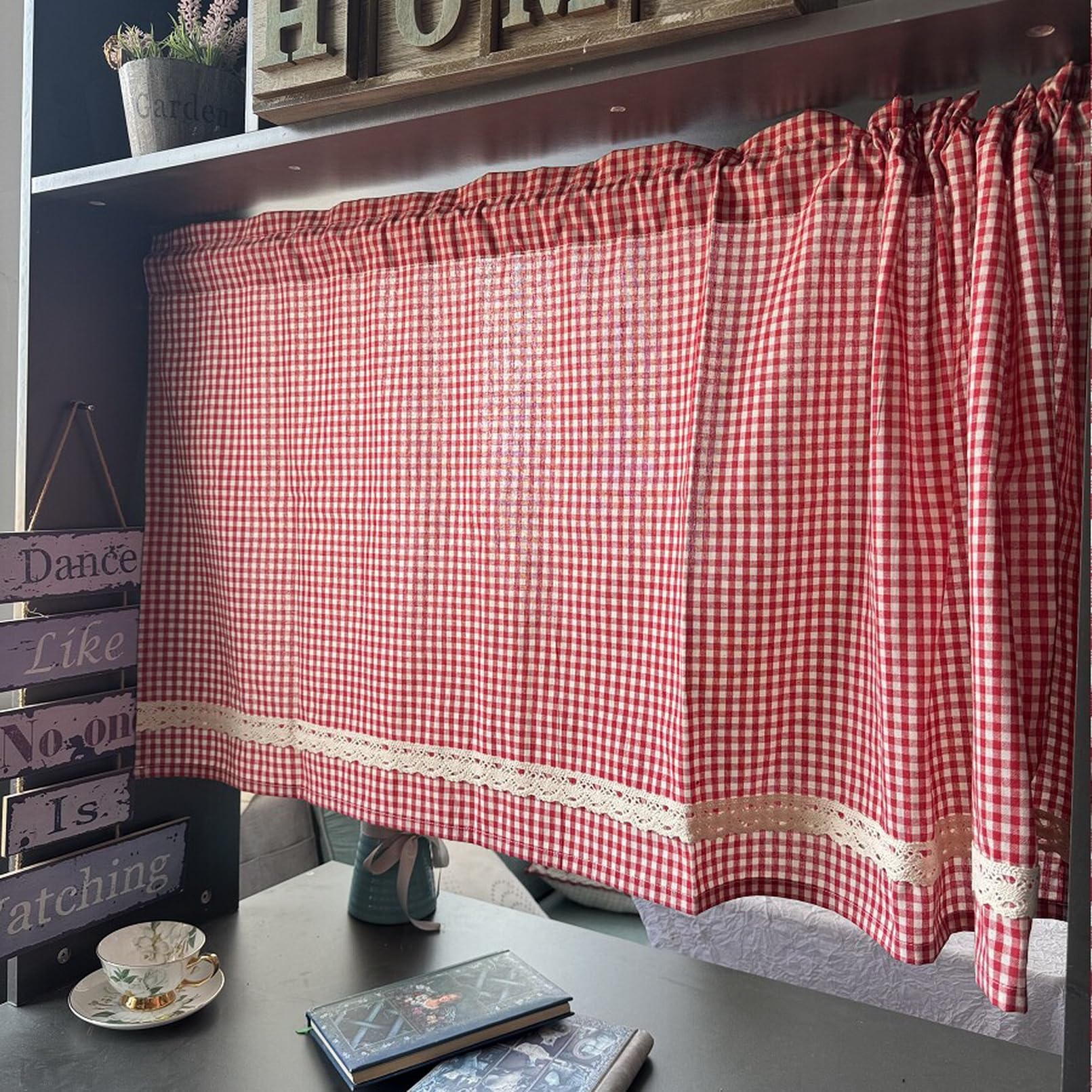 A.Monamour Tenda da cucina in cotone rosso e bianco a quadri in pizzo rurale a quadretti mezza corta tenda da cucina mantovana per piccole finestre bar bistrot