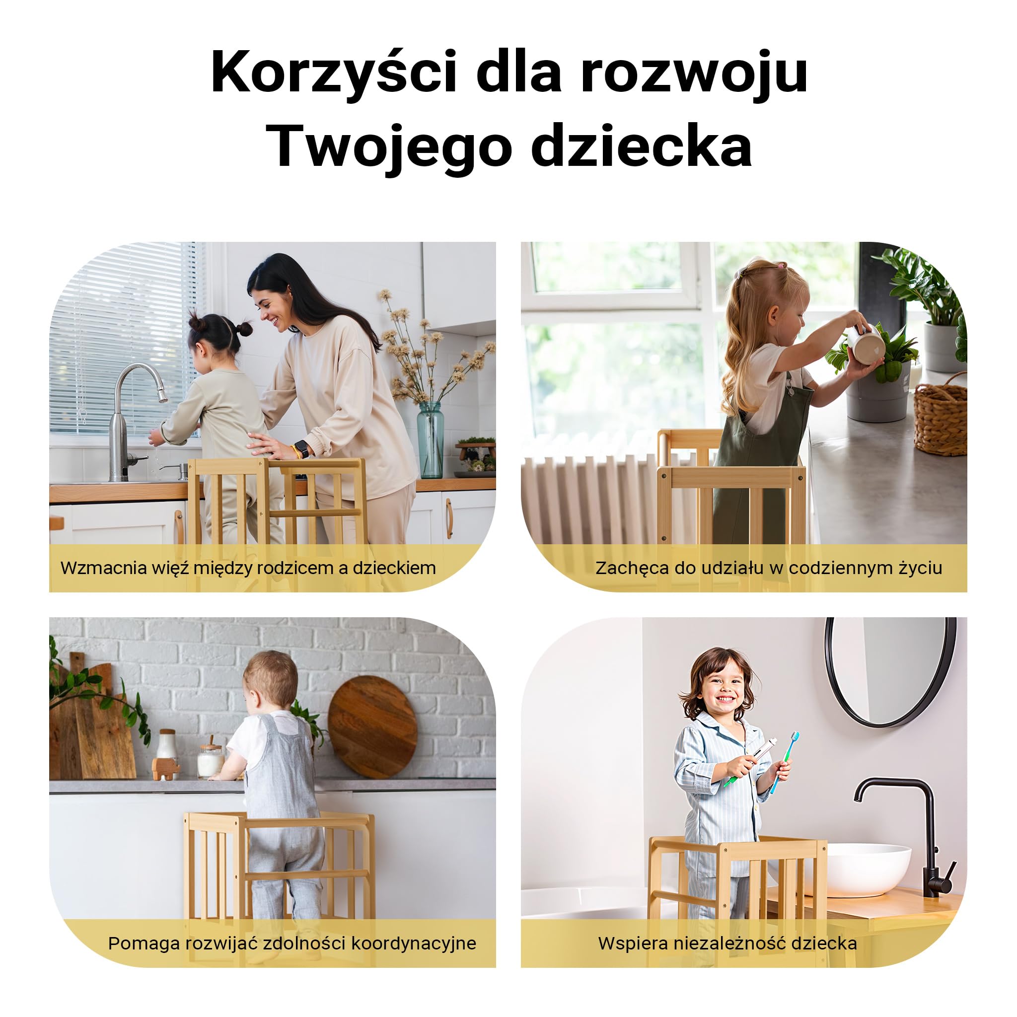 Wiltec Pomocnik kuchenny z bambusa dla dzieci z balustradą 46 x 46 x 90 cm, podest kuchenny do gotowania i zabawy, kitchen helper do kuchni i łazienki