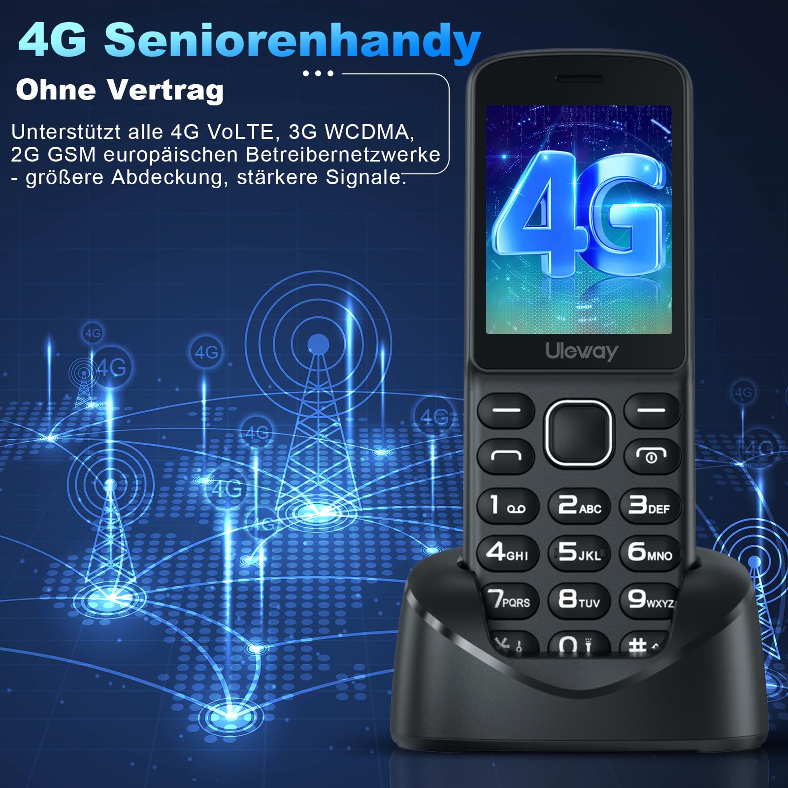 4G Volte Seniorenhandy Ohne Vertrag | 2,4 Zoll Farbdisplay | Nano SIM Slot | Rentner Handy große Tasten, 1400 mAh Akku Lange Standby-Zeit, Großtastenhandy Senioren Handy mit Ladestation, USB-C-Laden