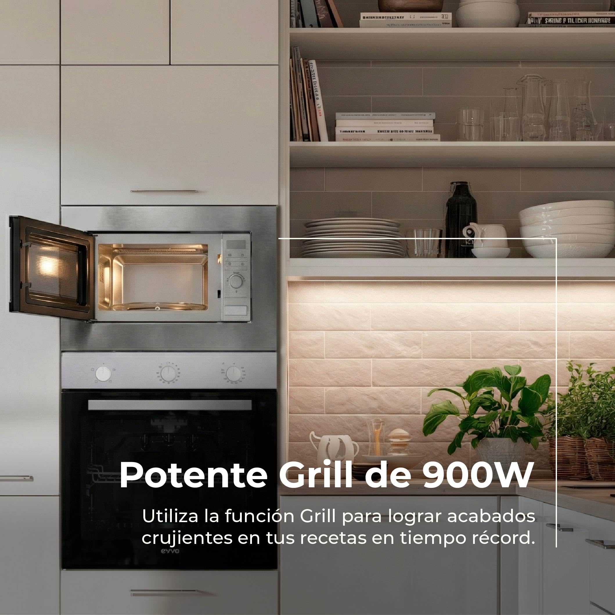 EVVO Einbau-Mikrowelle Mi30 Inox – 21 Liter, Mikrowelle mit Grillfunktion, Digitalanzeige, Kindersicherung und 60-Minuten-Timer, Schwarz