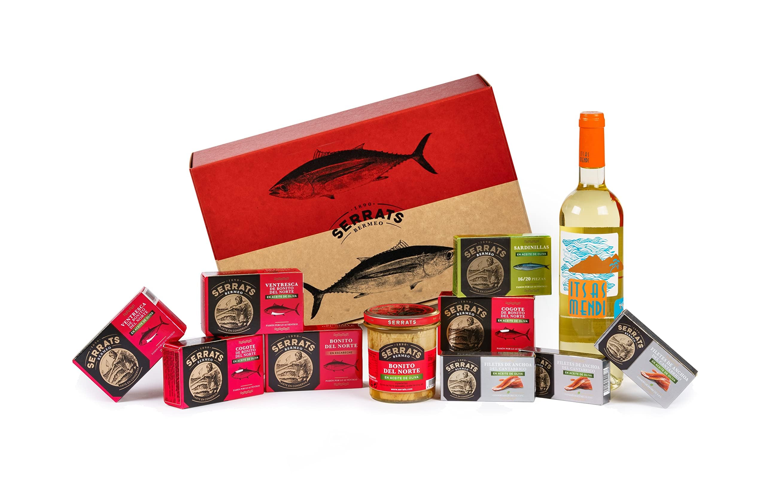 SERRATS - Coffret cadeau - Cantabrique accompagnés de Txakoli - 10 conserves et 1 bouteille