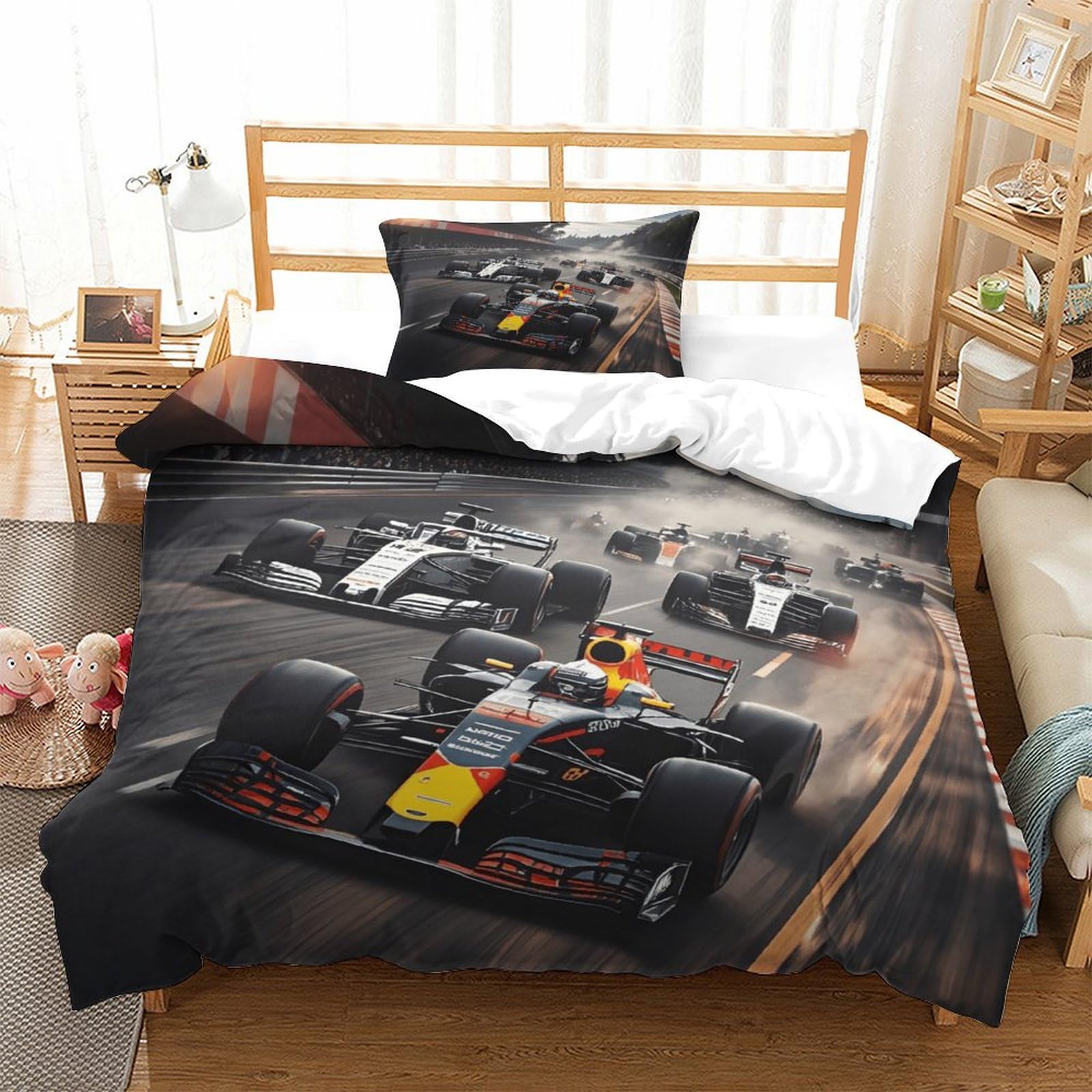 XiaopangXY Formula Racing Warmth Bed Linen Set Hidden Zipper Racing Car Duvet Cover Set with Pillowcases Bedding Set Soft Microfiber Quilt Cover Set for Kids & Adults Single（135x200cm）