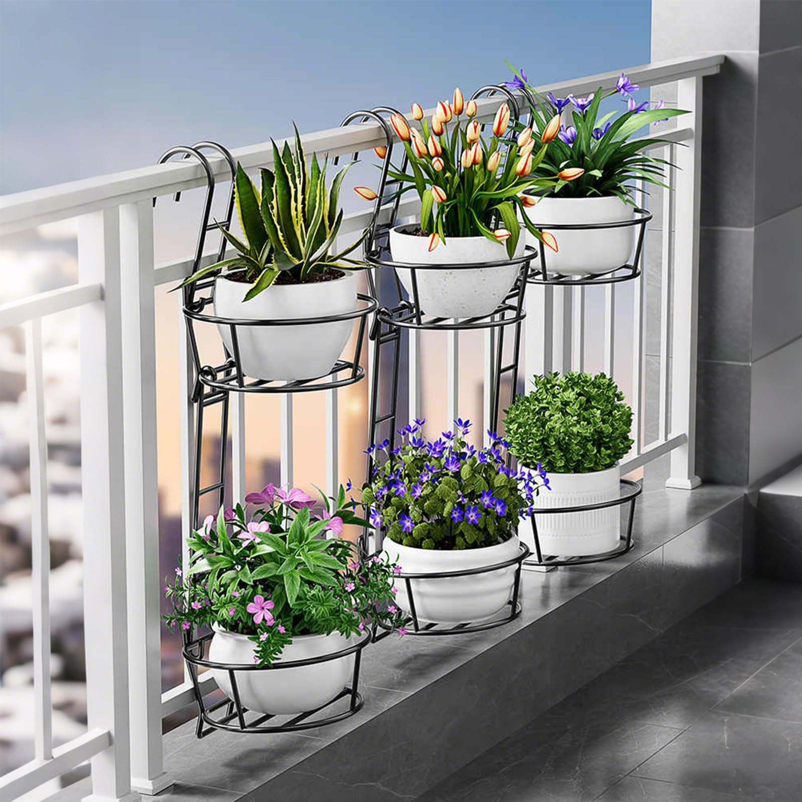 Soporte de hierro para macetas de balcón, diseño de gancho curvado, soporte reforzado para macetas para porche y patio, jardín, estante colgante duradero