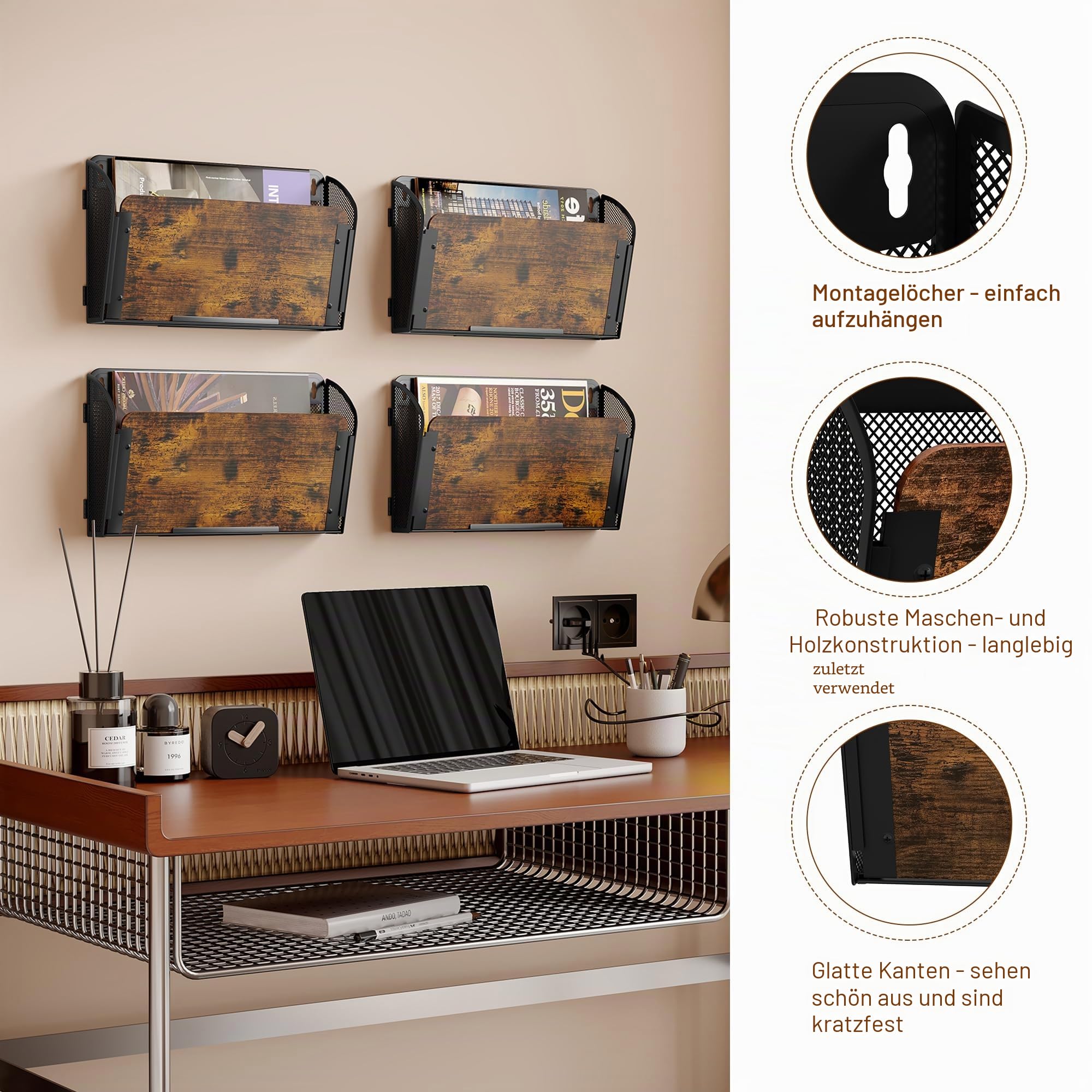 TQVAI 4 Taschen Zeitschriftenhalter Wand Metall Holz Dokumenten Organizer Papier A4 Flyerhalter Postsortierer Dokumentenablage für Büro Zuhause Schule, Schwarz/Antik