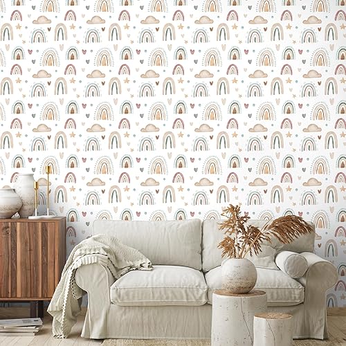 Miniatura 3 de Papel tapiz bohemio con diseño de arco iris, diseño de acuarela, arcoíris, para niños, diseño de nube, corazón, estrella, extraíble, autoadhesivo,