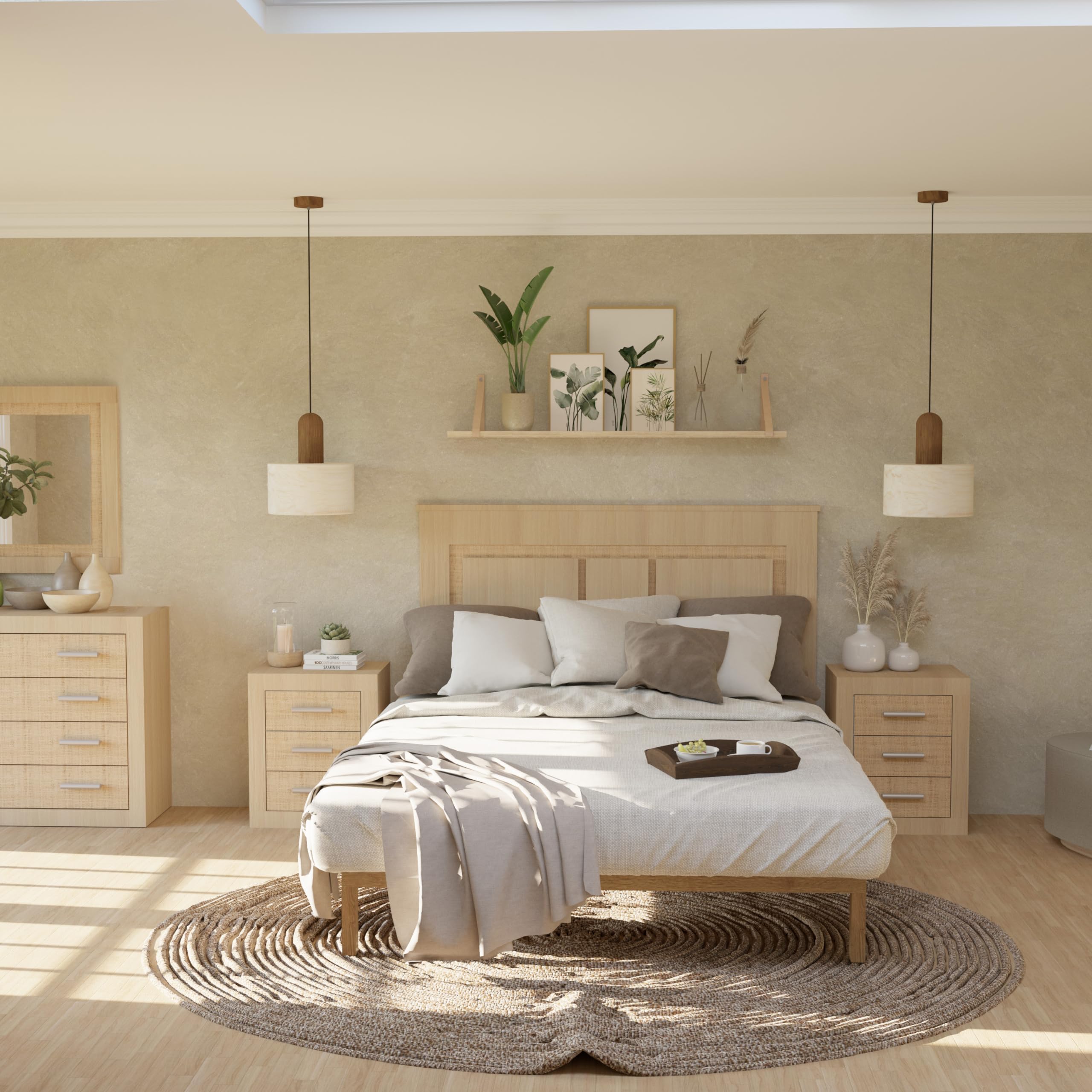 duehome | Mesita de Noche, Mesilla de Dormitorio, Modelo Kira, Acabado en Color Tofe y Textil, Medidas: 50 cm (Largo) x 34,6 cm (Fondo) x 60 cm (Alto)