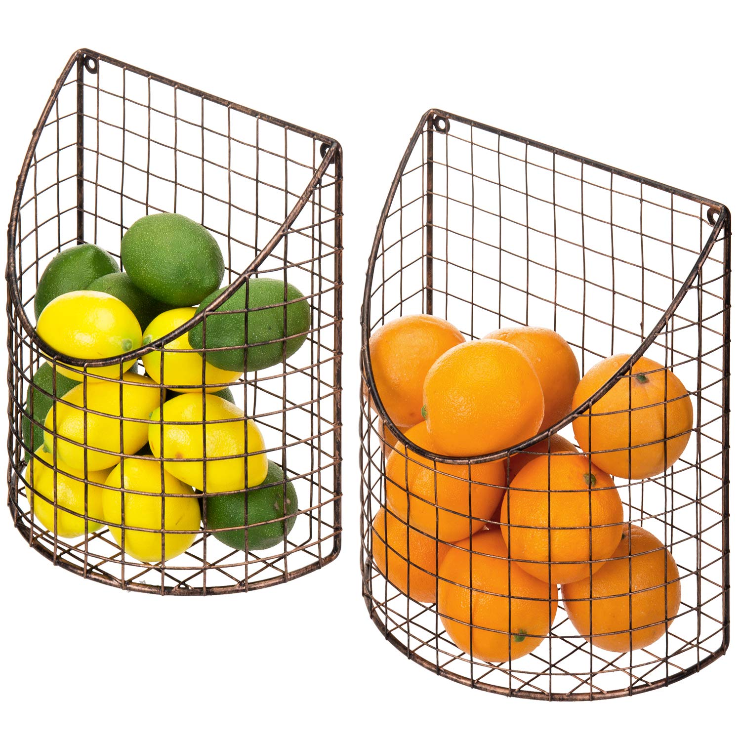 MyGift Antique Copper Metal Wire Wall Mounted Home and Kitchen Pantry Basket Organize, Fruit Basket and Produce Storage Bins, Set of 2