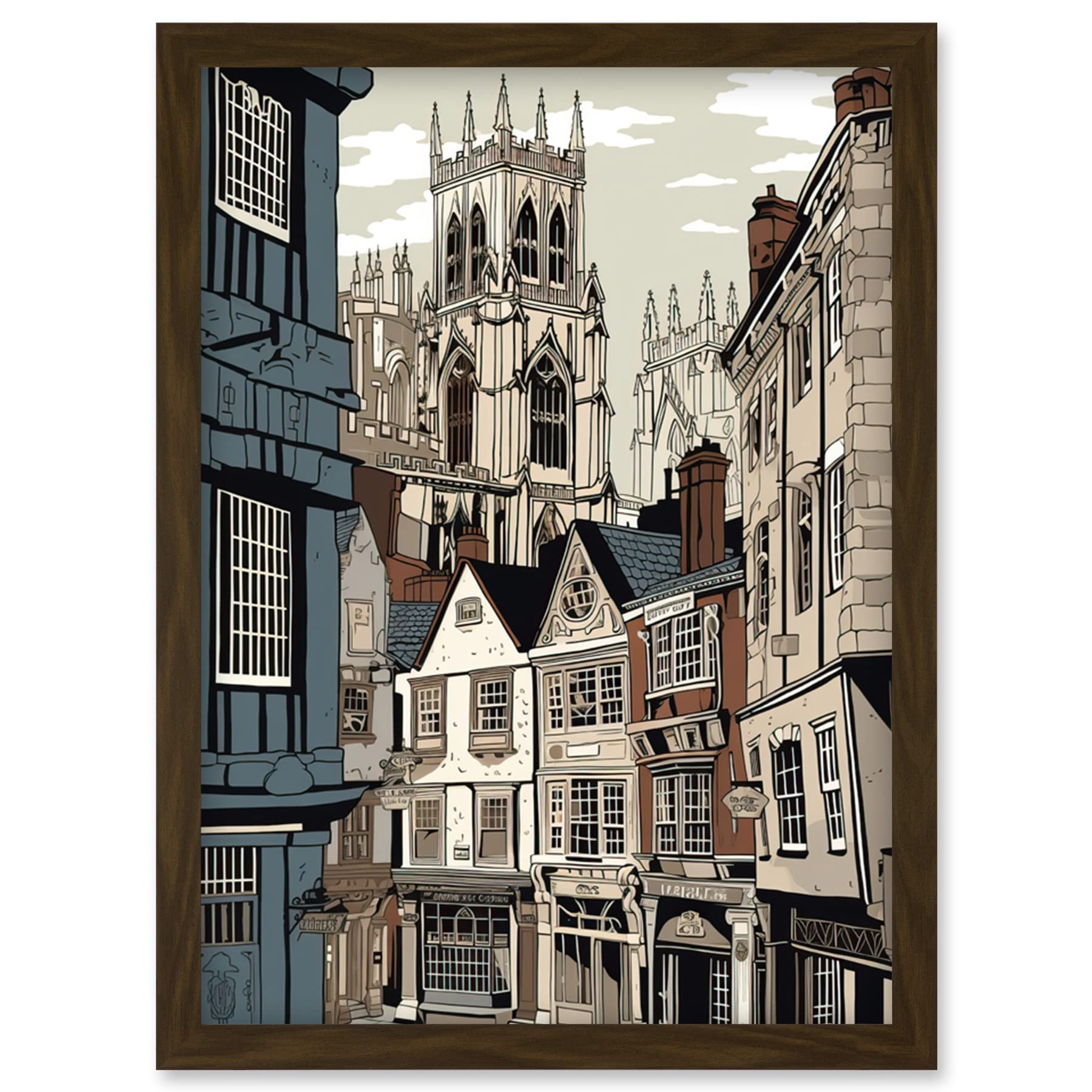 Artery8 Shambles Street Cityscape with York Minster Towers Artwork Framed Wall Art Print A4
