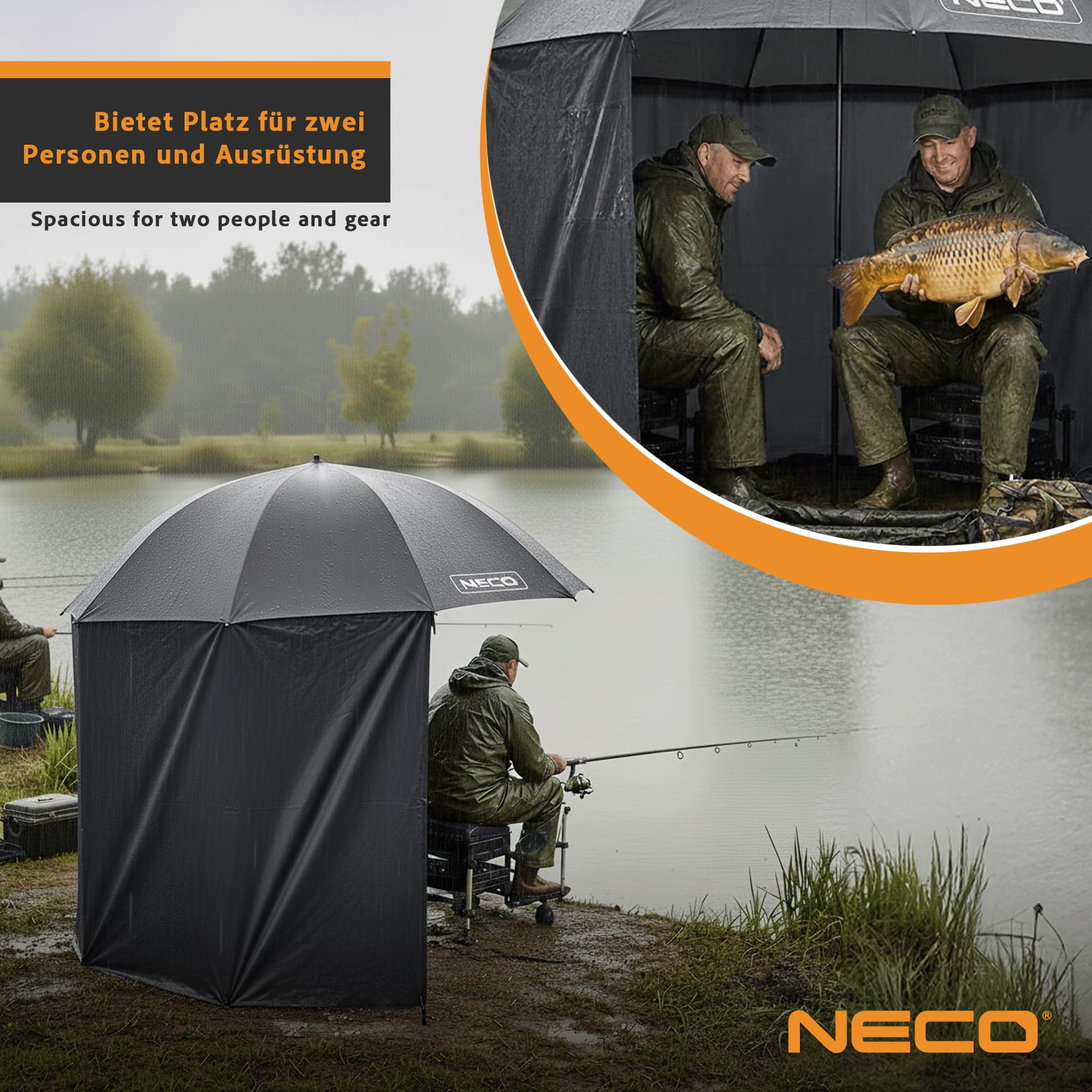 NECO Parasol Wędkarski z Bokami 220 cm 3/4 – Wodoszczelny, Dwuosobowy Namiot Parasolowy, Duży Parasol do Wędkowania, Namiot Karpiowy na Ryby i Kemping z Oknami