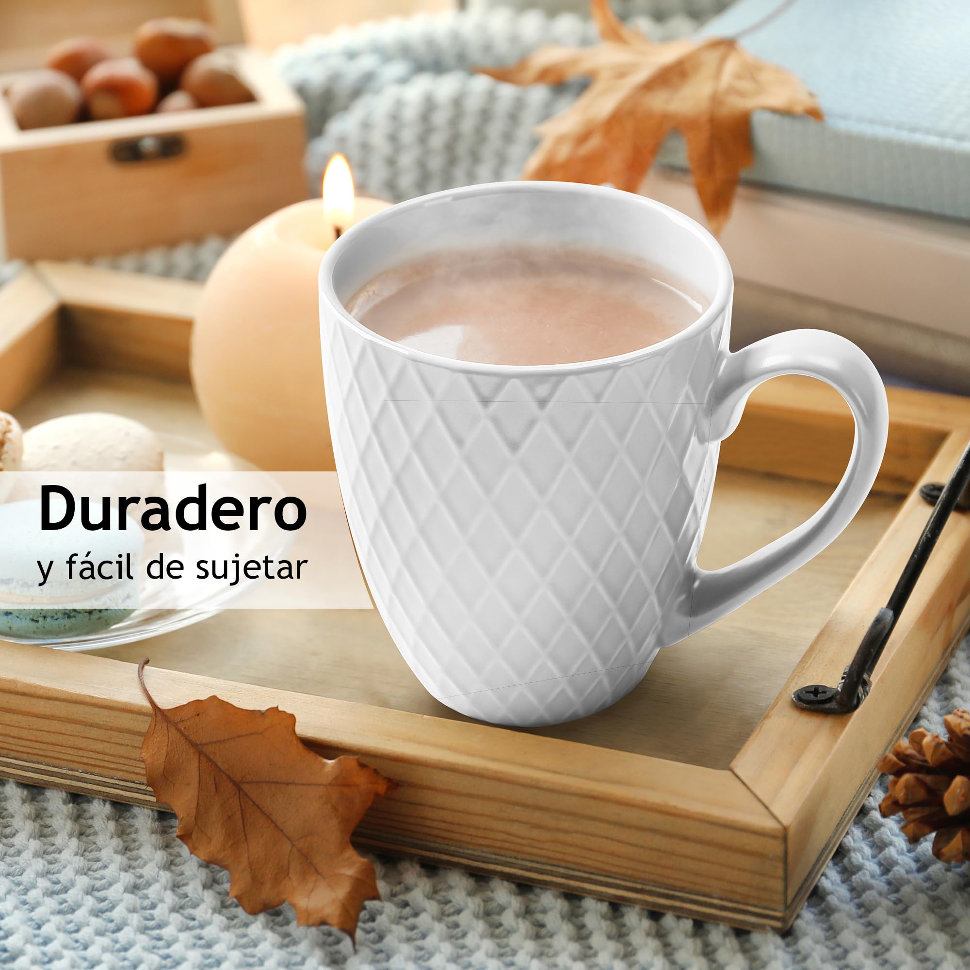 MIAMIO - Tazas grandes de café (6 × 350 ml), set de 6 - Palmanova (Blanco) | Tazas grandes de cerámica para cappuccino, té y latte macchiato; set de 6 tazas de café, todas aptas para lavavajillas