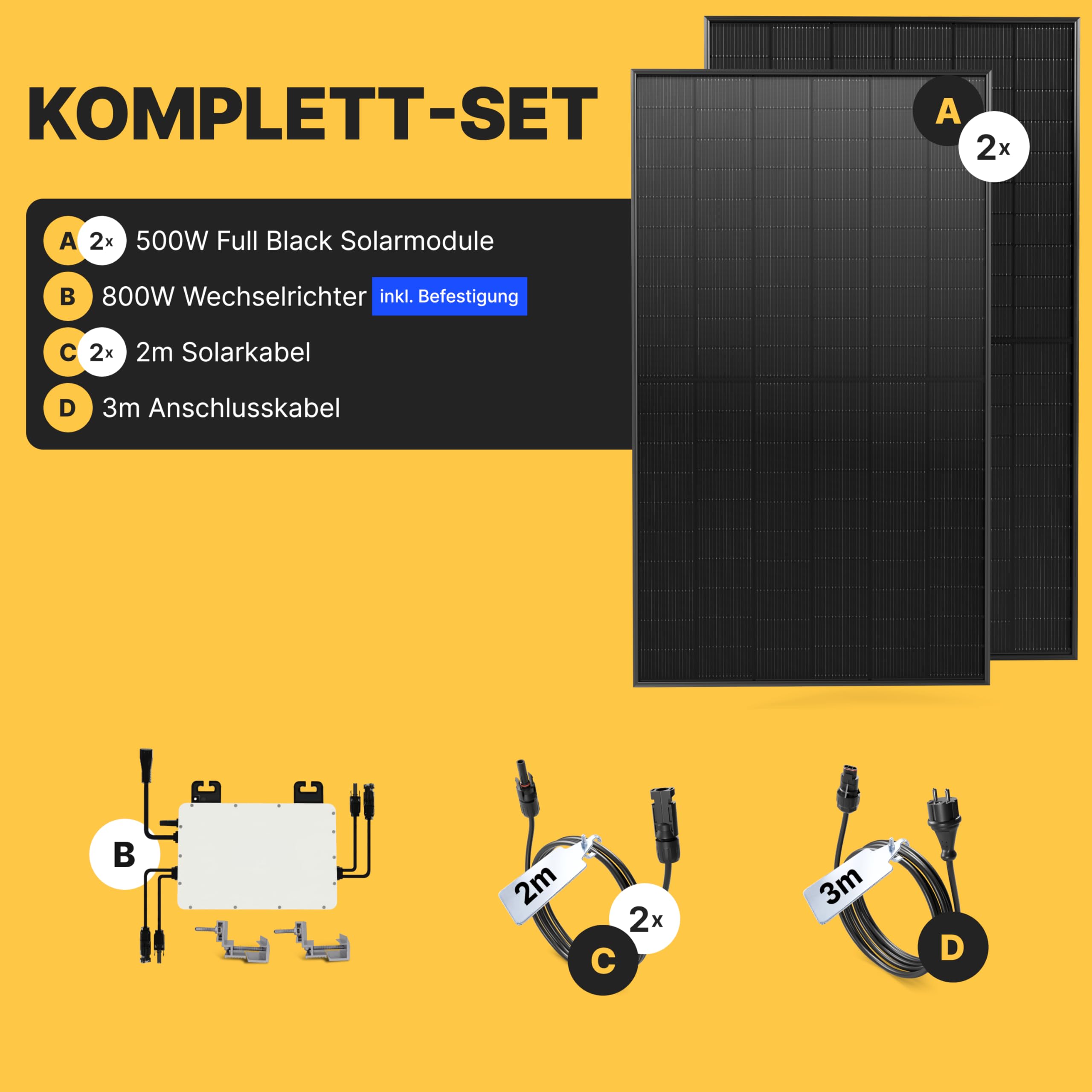 Solakon 1000W Balkonkraftwerk 800W Wechselrichter Solaranlage Komplettset 500W bifaziale Solarmodule 3m Kabel