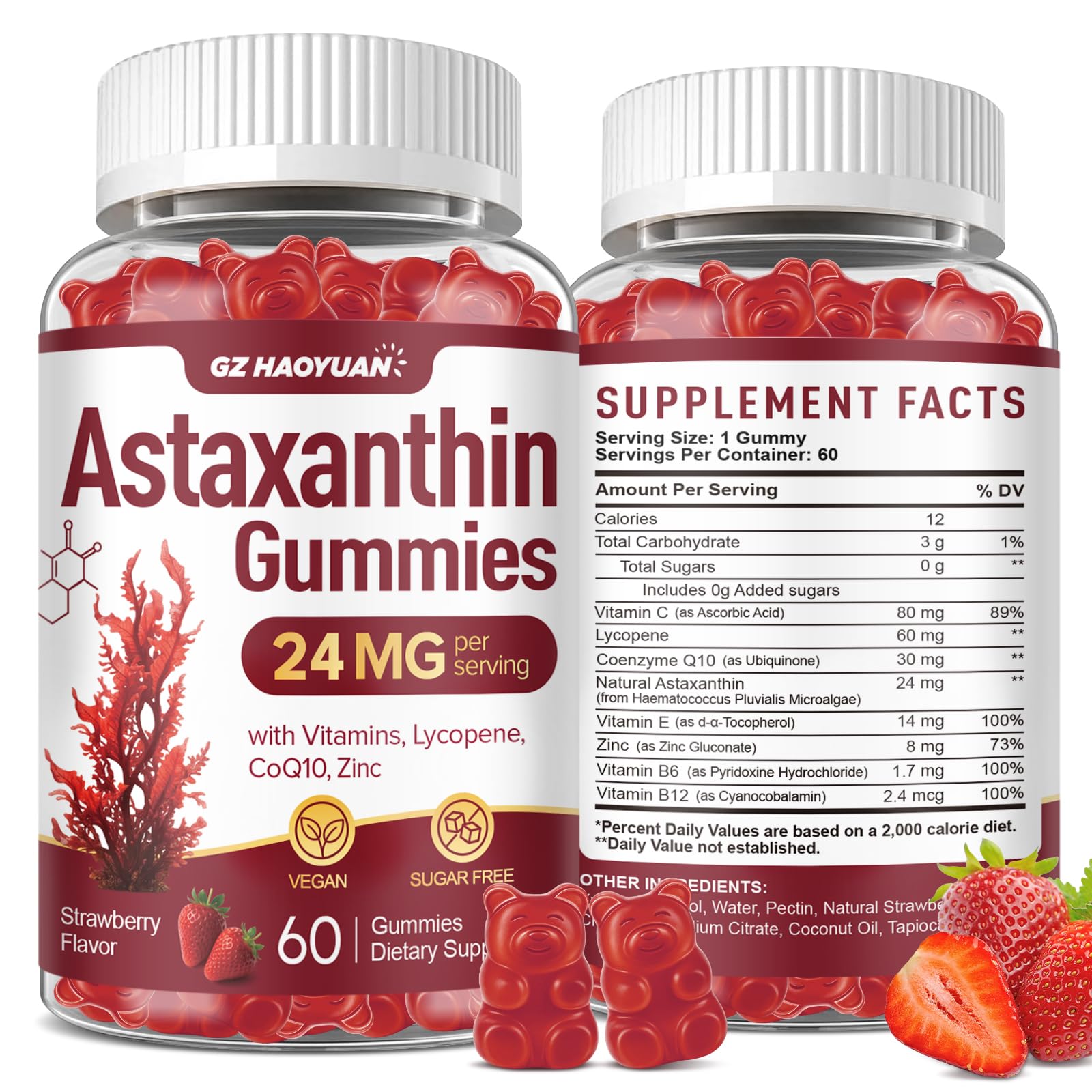 Astaxanthin Gummies 24mg, Astaxanthin Supplement with Lycopene, Vitamins & CoQ10 for Antioxidant, Eye, Skin & Immune Support, Sugar Free, Vegan, Strawberry Flavor, 60 Count