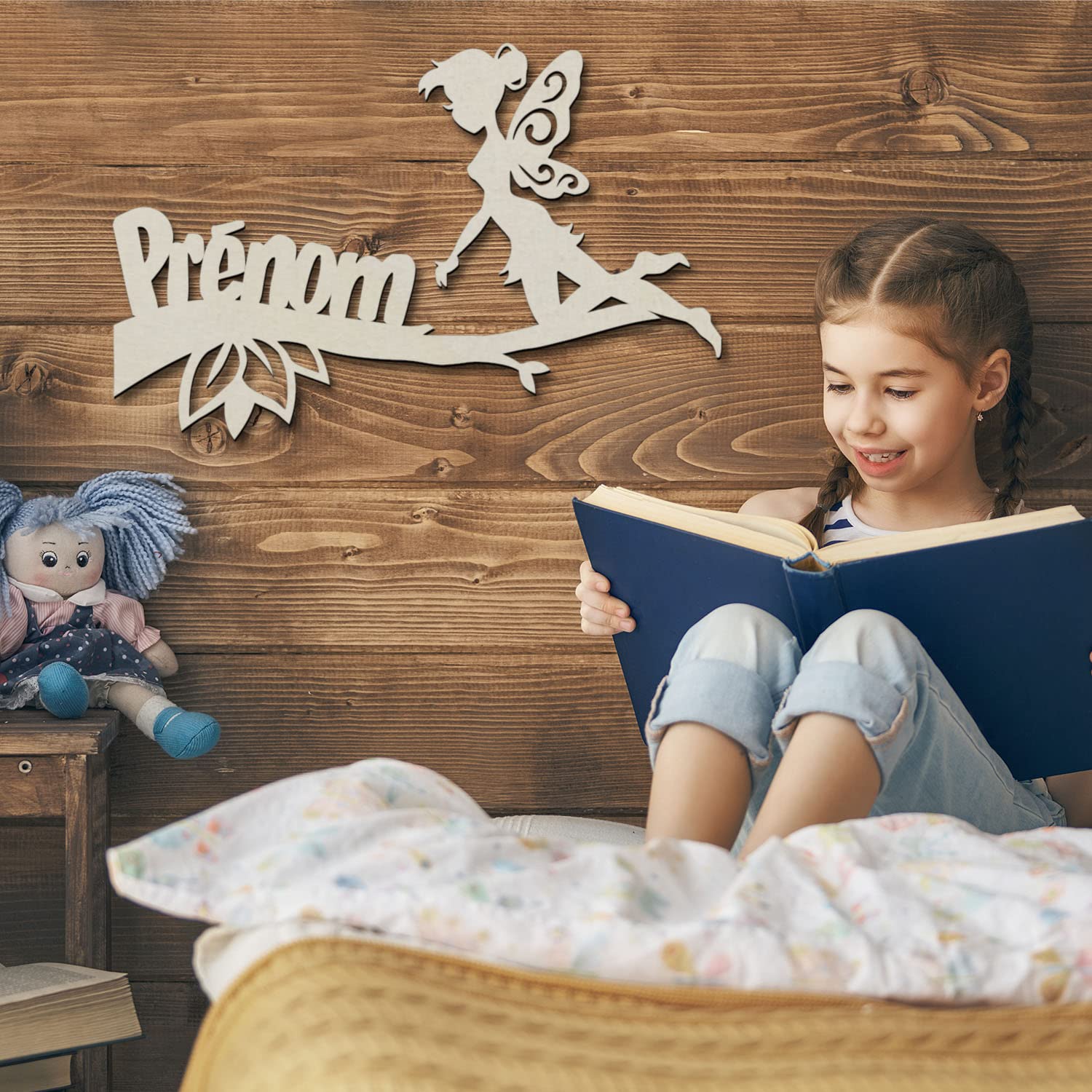 Namofactur Lampe Murale Led à Piles - Modèle Fée - Veilleuse Déco en Bois Avec Prénom Personnalisable - Idée De Cadeau D' Anniversaires, Baptêmes, Naissance Pour Filles.