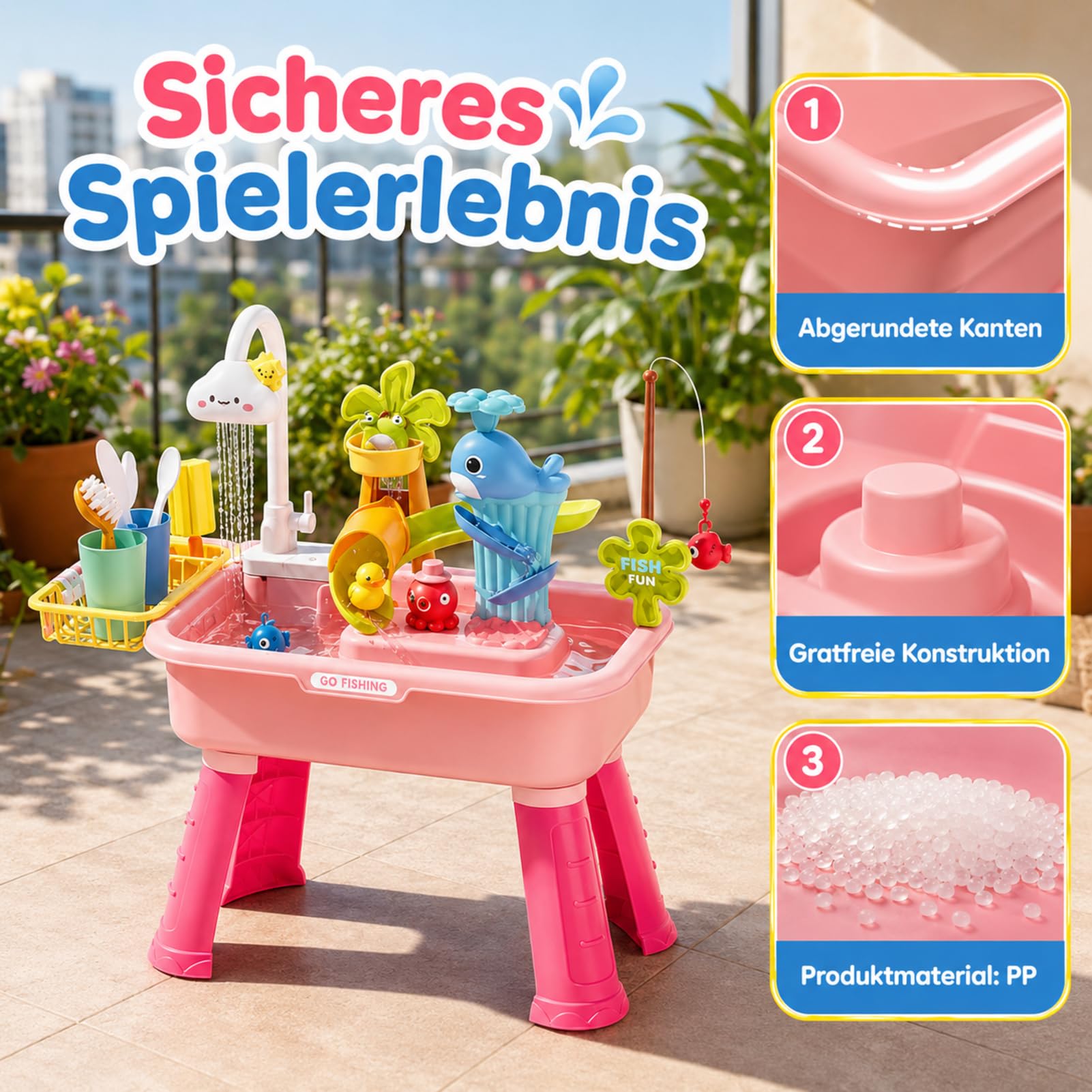 4-in-1 Spielspüle - Wassertisch Mit Pumpe Und Fließendem Wasser | Sand Und Wasser Spielzeug | Angelspiel Vergnügen | Für Kinder 4-8 Jahre Garten Terrasse Badezimmer