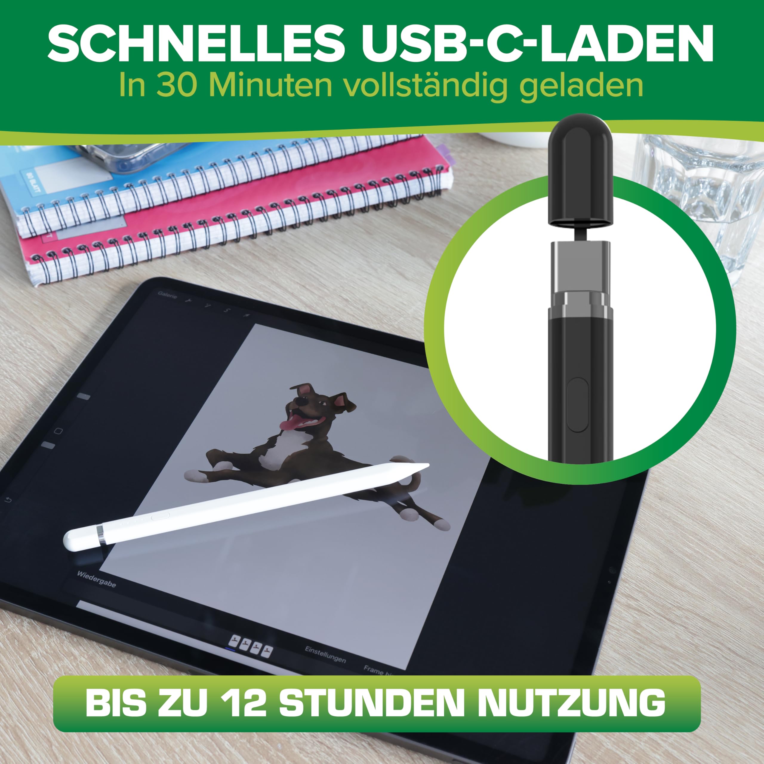 InLine Pennino capacitivo per Apple iPad (2018-2025), penna stilo di seconda generazione, ad alta precisione, rilevamento dell'inclinazione e del palmo, batteria USB-C, per Apple iPad 2025 / Air 11
