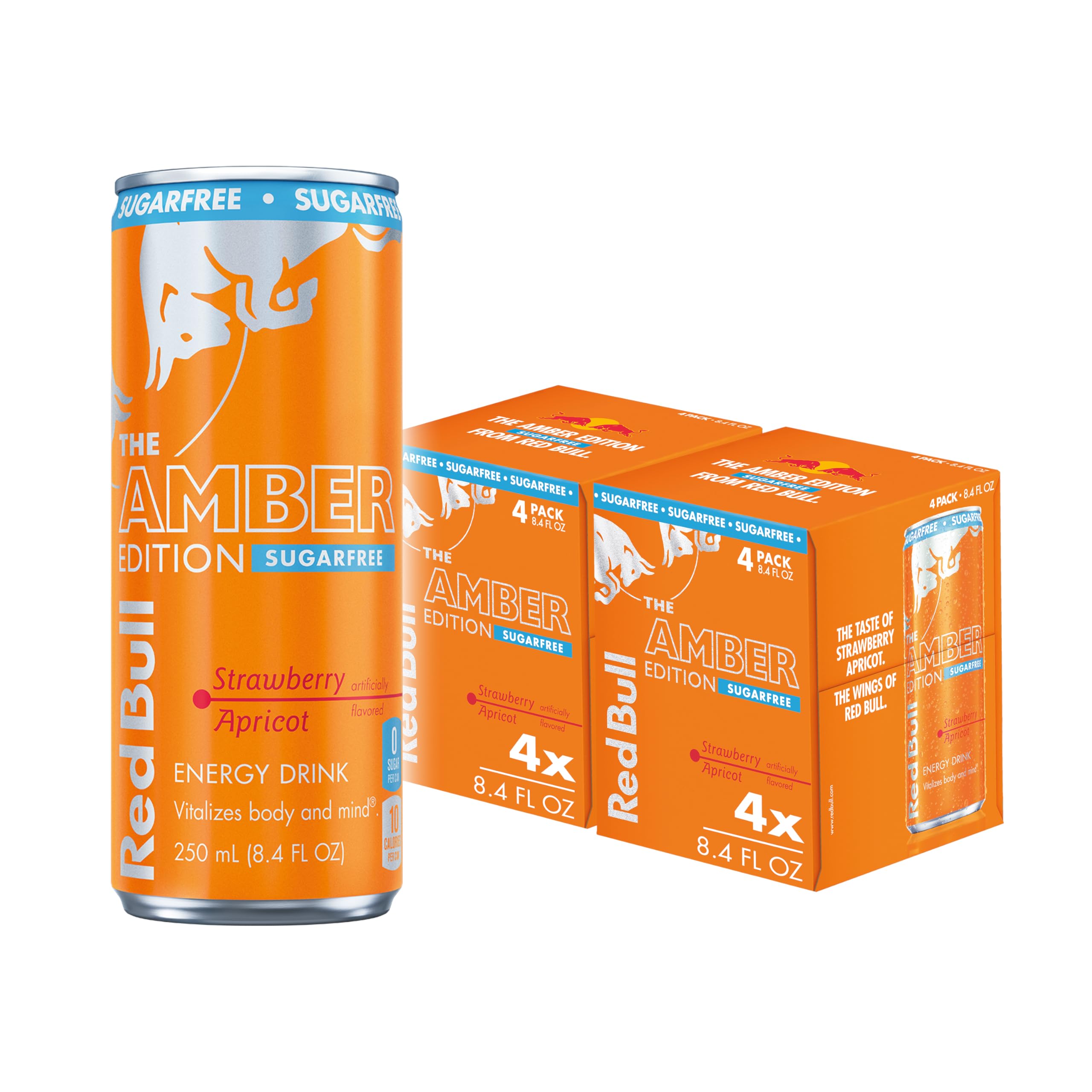 Red Bull Amber Edition Sugar Free Energy Drink, Strawberry Apricot, with 80mg Caffeine plus Taurine & B Vitamins, 8.4 Fl Oz, Pack of 8 Cans
