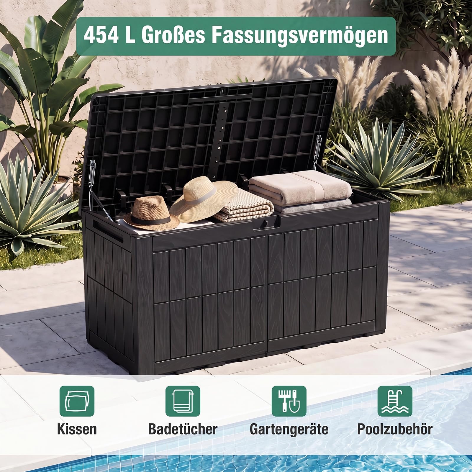 GYMAX 455 L wetterfeste Auflagenbox, abschließbare Aufbewahrungsbox mit Deckel, Gasdruckfedern & Griffen, 2-in-1 Terrassenbank und Kissenbox für Kissen, Gartenwerkzeug & Poolzubehör