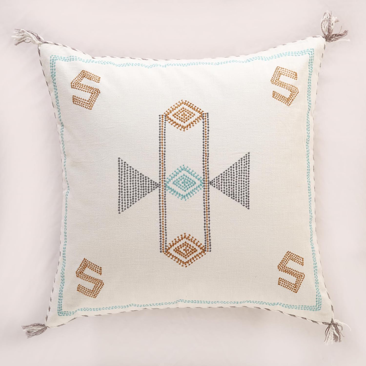 Madhu International Bohemian Square Pillow Cover 20x20 – Handmade Cactus Silk Cushion Cover, Rustic Farmhouse Throw Pillow for Couch, Bed, Sofa – (Boho Neutrals) Decorative Pillowcase (Cover Only)