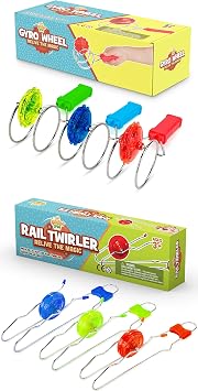 Retro Magic Gyro Wheel & Rail Twirler - 6 Pack - Light Up Magnetic for Kids - Sensory Toy with Spinning Wheel and Flashing LEDs | Rail Twister Vintage Fidget Toy for Adults & Children
