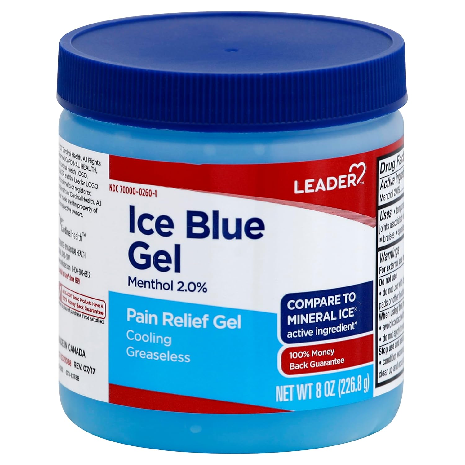 LEADER Ice Blue Gel Pain Relieving Greaseless Fast-Acting Topical Analgesic Cooling Therapy Muscle Joint Long-Lasting Relief Backache Arthritis Sports Injuries soothes Aches 8oz. Each (Pack of 5)