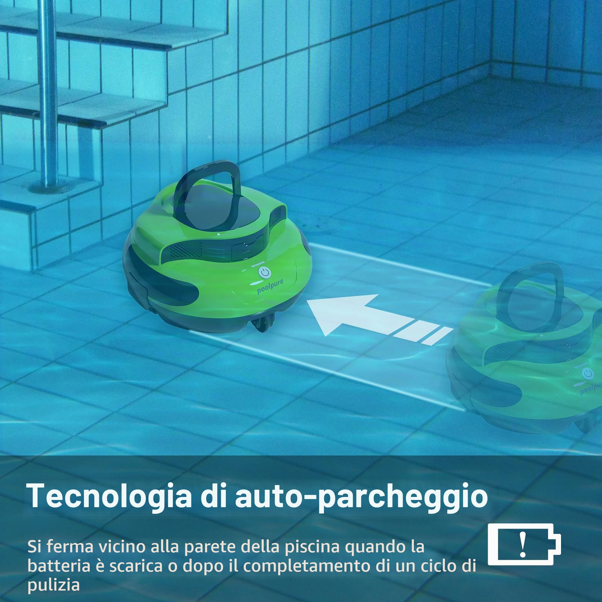 POOLPURE Aspirapolvere per Piscina, Batteria da 5000 mAh, Doppio Motore, indicatori LED, Funzione Self-Parking, IPX8, Impermeabile, Robot da Piscina Senza Fili per Piscine Piatte da 90 m²