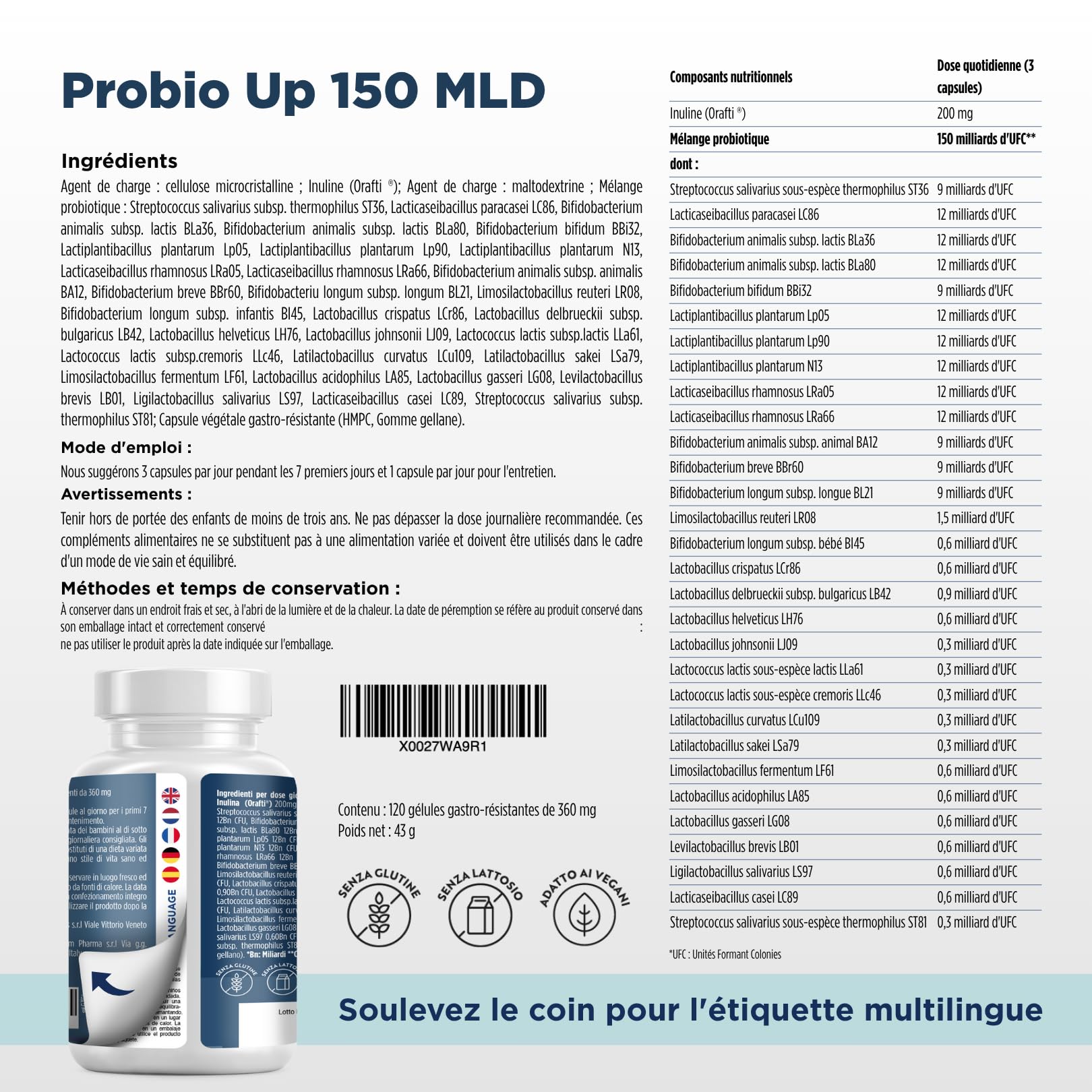 Probiotique flore intestinale - 150 Milliards UFC/Jour - 30 souches bactériennes, 120 Gélules Gastro-résistantes. Probiotiques et prebiotique, lactobacillus gasseri, Bifidobactéries, Inuline. Probio U