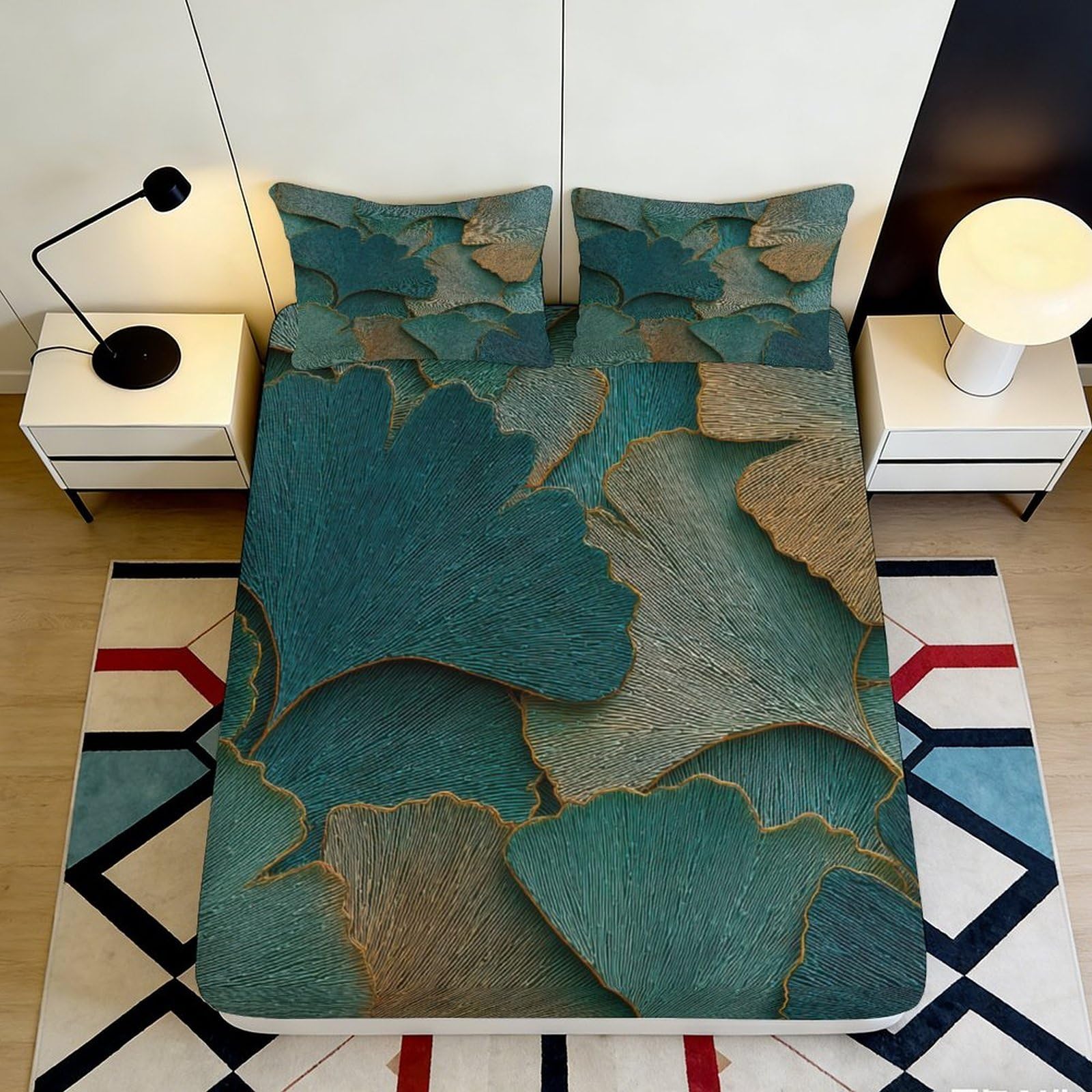 3D Printed Teal Ginkgo Leaf Fitted Sheet Microfiber Soft Breathable Gold Ginkgo Bed Cover for Bedroom Guestroom Decor 160x200x25cm