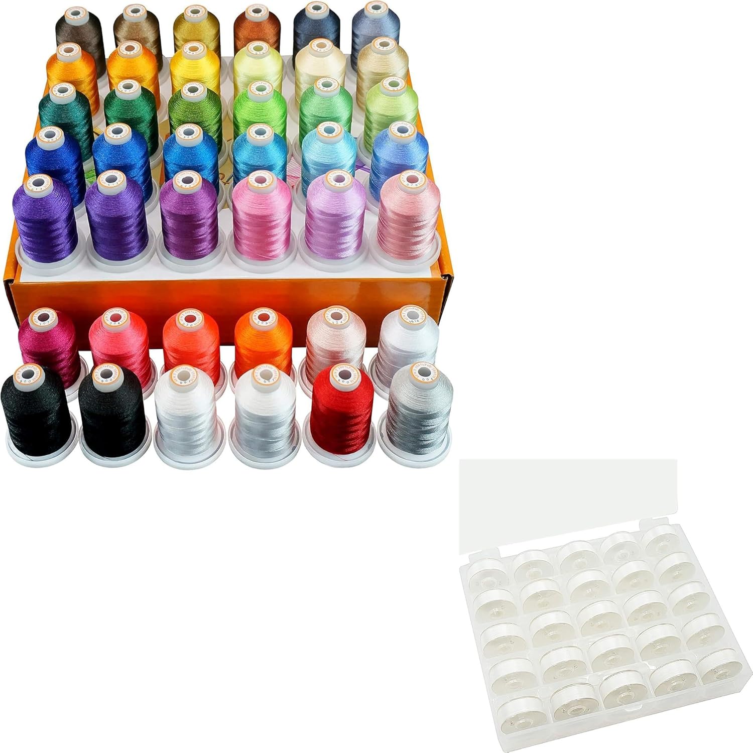 New brothread 42 Spools 1000M (1100Y) Polyester Embroidery Machine Thread Kit &New brothread 25pcs Type L (SA155) Size 60wt White Prewound Bobbin