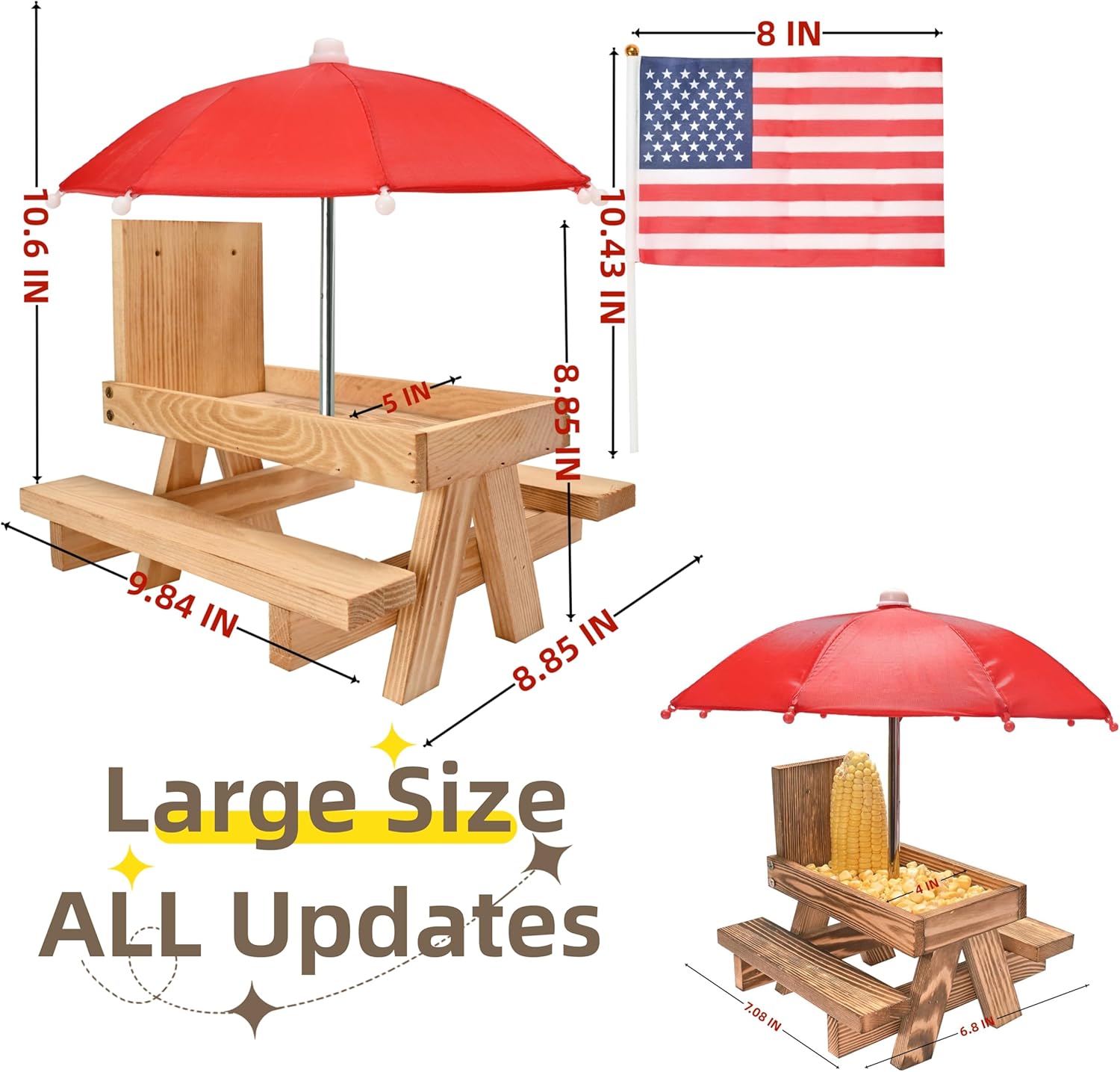 Squirrel Feeder Picnic Table with Umbrella, Large Size Wooden Squirrel Feeder for Outside with Corn Cob Holder for Yard and Porch Decoration, Easy to Fill Peanuts in Shell and Nuts