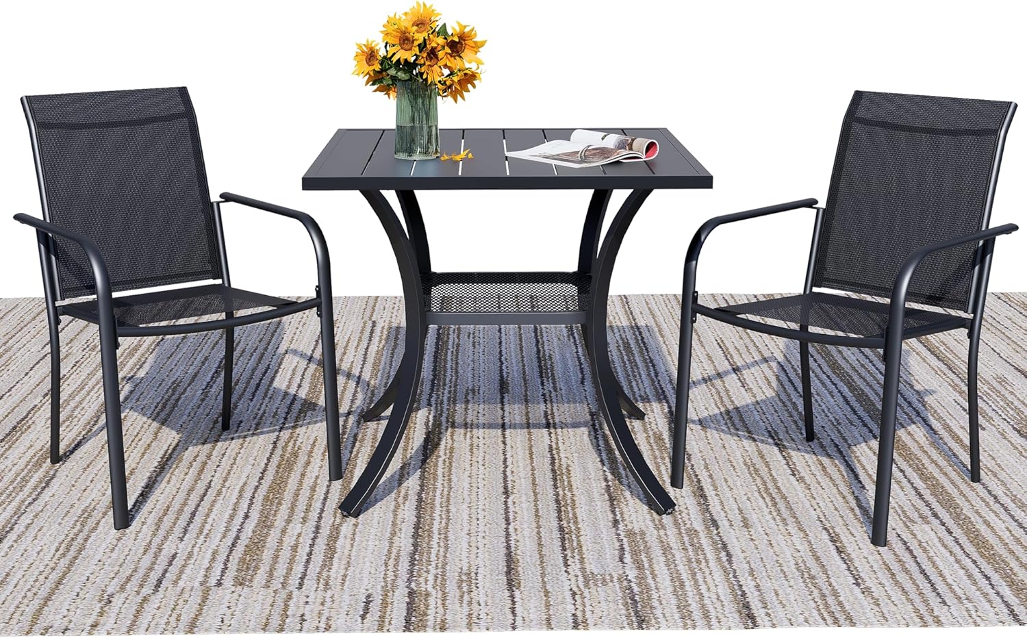 3 Piece Outdoor Dining Set, Patio Table and Chairs Set of 2, 27.6" Black Square Patio Table with 2 Black Stackable Patio Chairs for Lawn, Garden, Porch