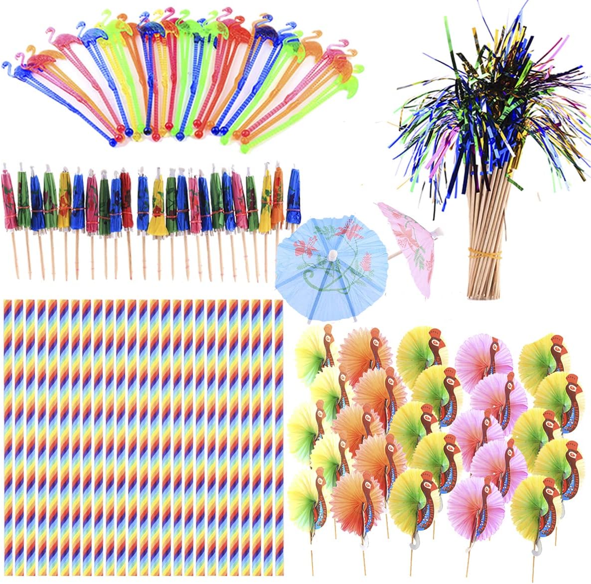 Nadisean Kit 175 Pièces Décorations Cocktails - Parapluies 3D, Pailles, Feux D'Artifice Scintillants - Parfait Pour Plage, Anniversaire & Soirées