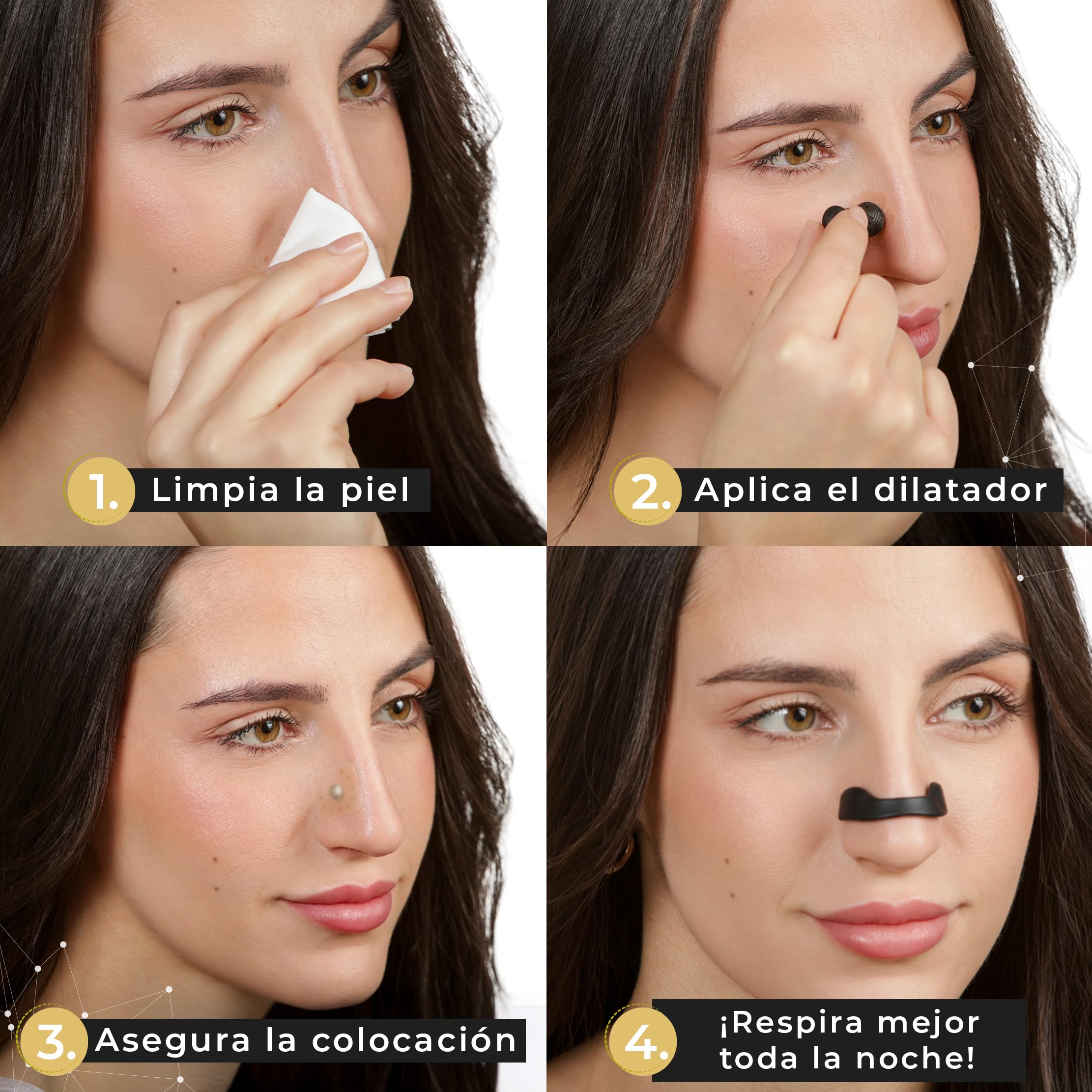 Dilatador Nasal Magnético – Tiras nasales magnéticas para dormir, antirronquidos y deportivas – Negro, potentes imanes y TOALLITAS LIMPIADORAS – 60 parches - "30 días"