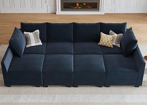 Miniatura 5 de HONBAY Sofá cama modular modular de terciopelo seccional con asientos de almacenamiento, seccional de gran tamaño para sala de estar, azul oscuro