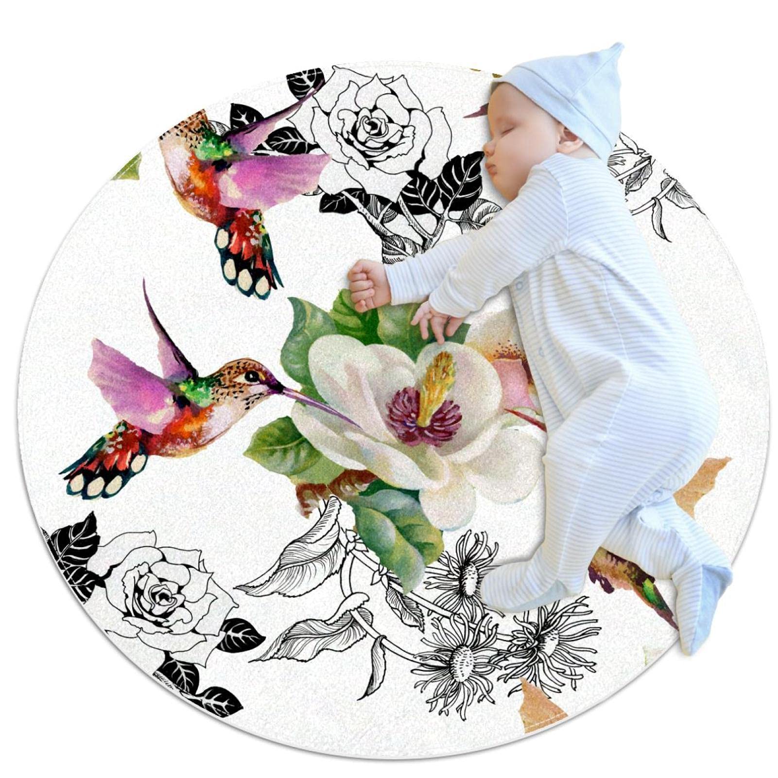 Tapis de jeu pour enfants rond 80x80cm motif fleurs et colibris pour filles et garçons