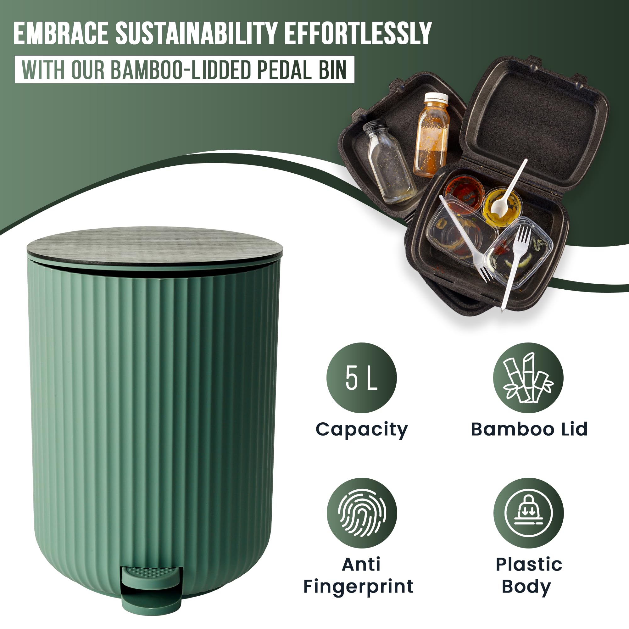Blue Canyon Newly Launched Berkeley Pedal Bin with Bamboo Lid, 5 L Capacity, Anti, Fingerprint, Durable Material - Image 2