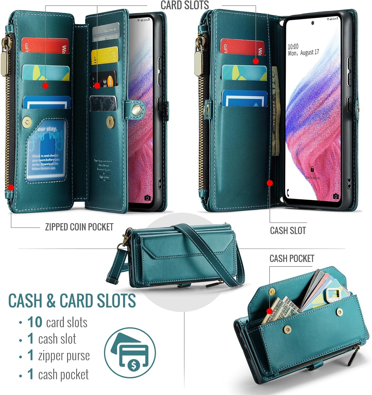 Asuwish Phone Case for Samsung Galaxy A53 5G Zipper Wallet Cover with Tempered Glass Screen Protector and Leather Flip RFID Blocking Card Holder Cell A 53 G5 53A SM A536U 6.5" 2022 Women Girls Green