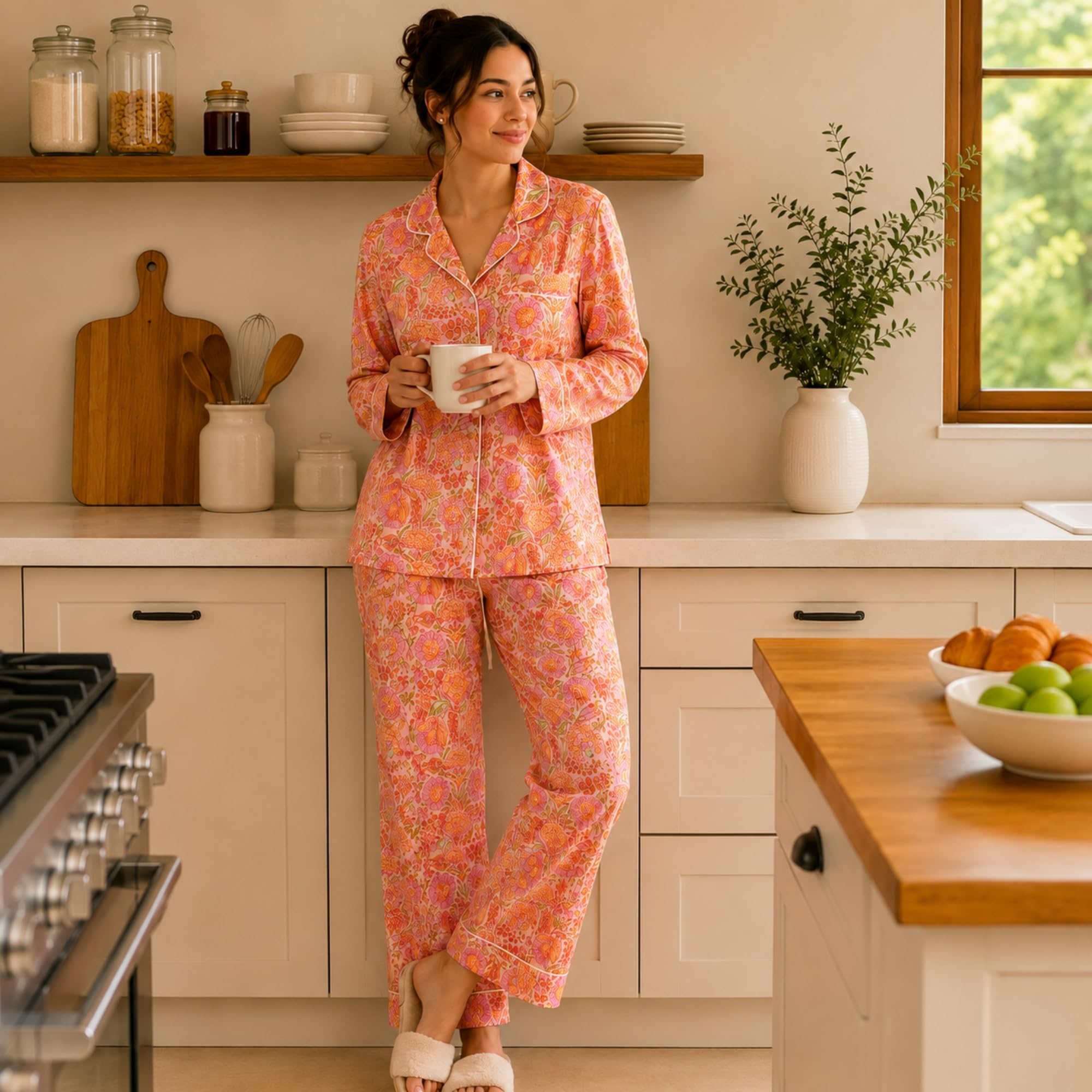 Huar Conjunto de pijama de algodón para mujer, conjunto de pijama de algodón de lujo para mujer, cómodo conjunto de pijama, transpirable y ligero